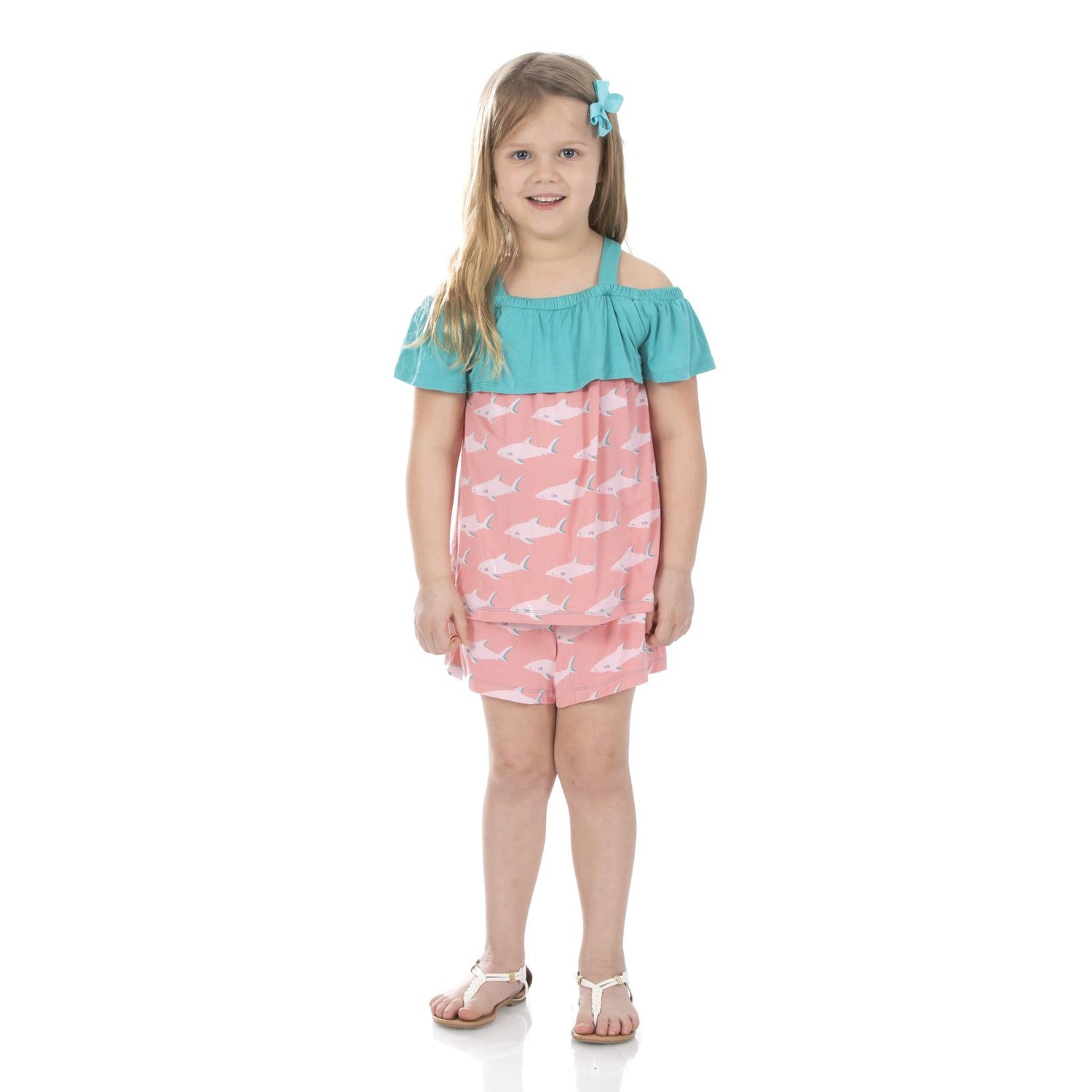Print Off-Shoulder Outfit Set in Strawberry Sharky (222596)