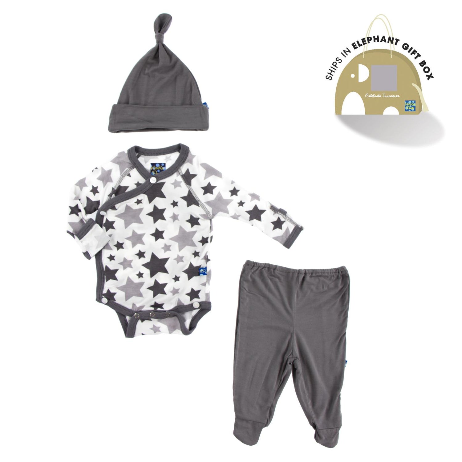 Kimono Newborn Gift Set with Elephant Box in Feather/Rain Stars (210364)