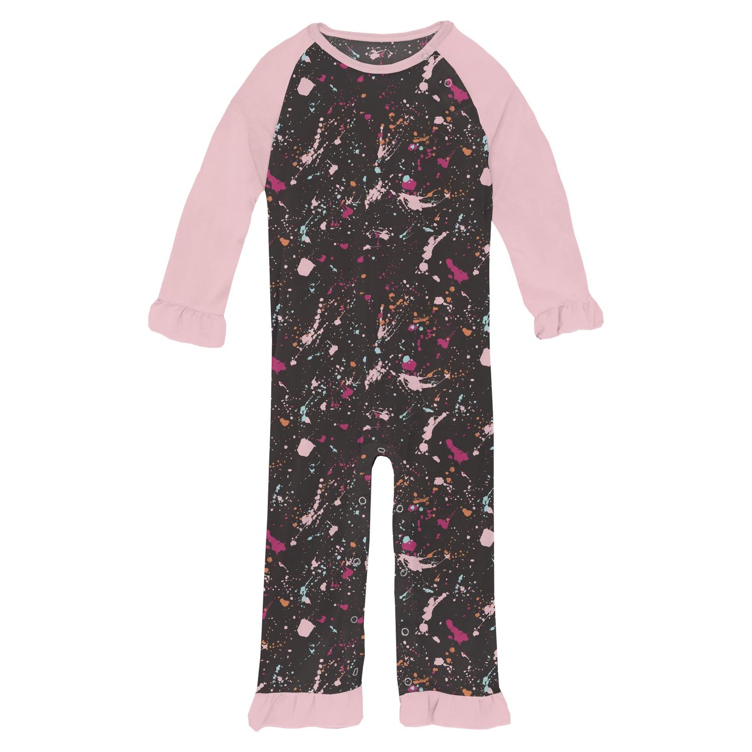 Print Long Sleeve Ruffle Raglan Romper in Calypso Splatter Paint (249359)