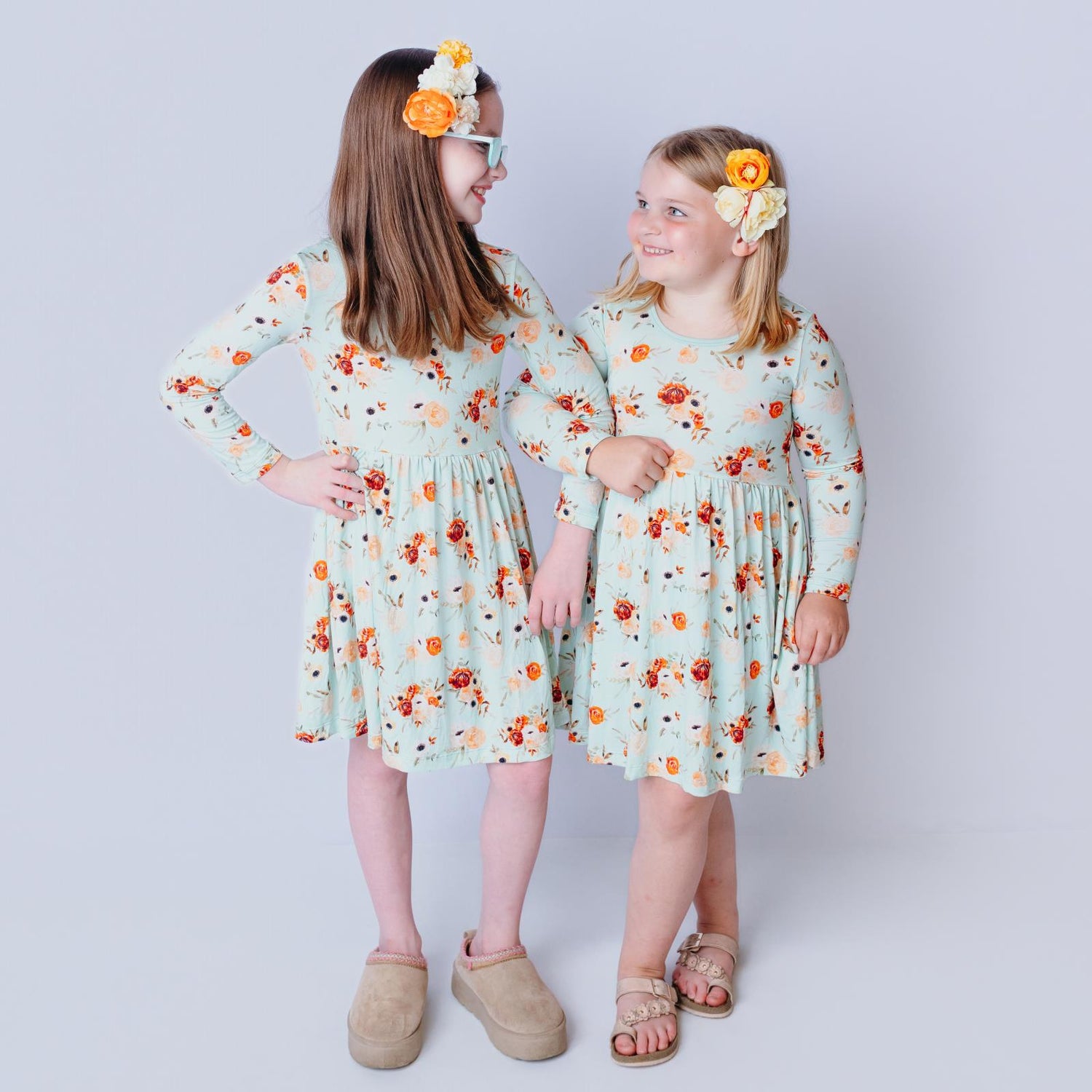 Print Long Sleeve Twirl Dress with Pockets in Aloe Fall Floral (364182)