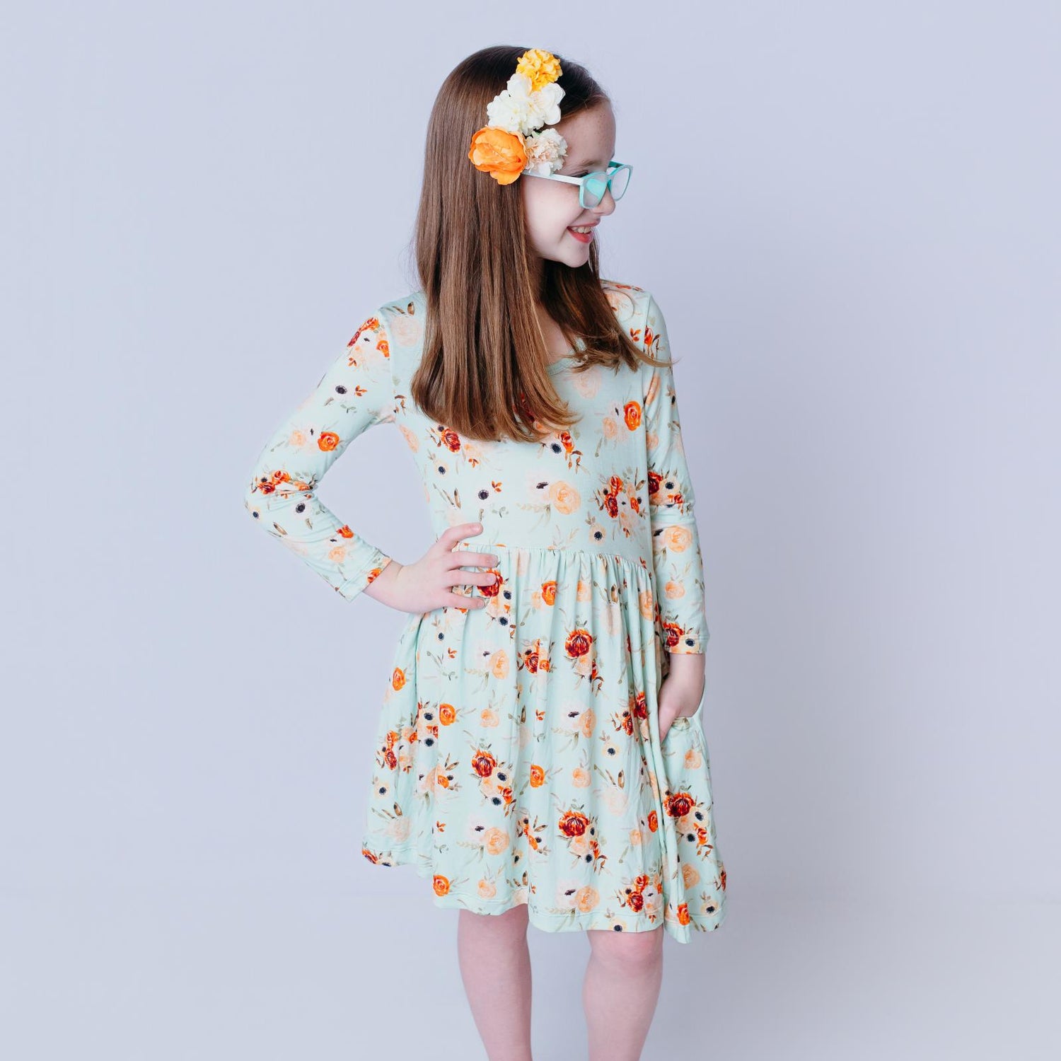 Print Long Sleeve Twirl Dress with Pockets in Aloe Fall Floral (364199)