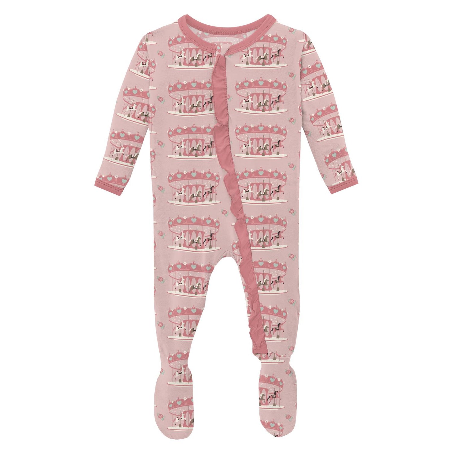 Print Layette Ruffle Footie with 2 Way Zipper in Baby Rose Fair Carousel (364235)