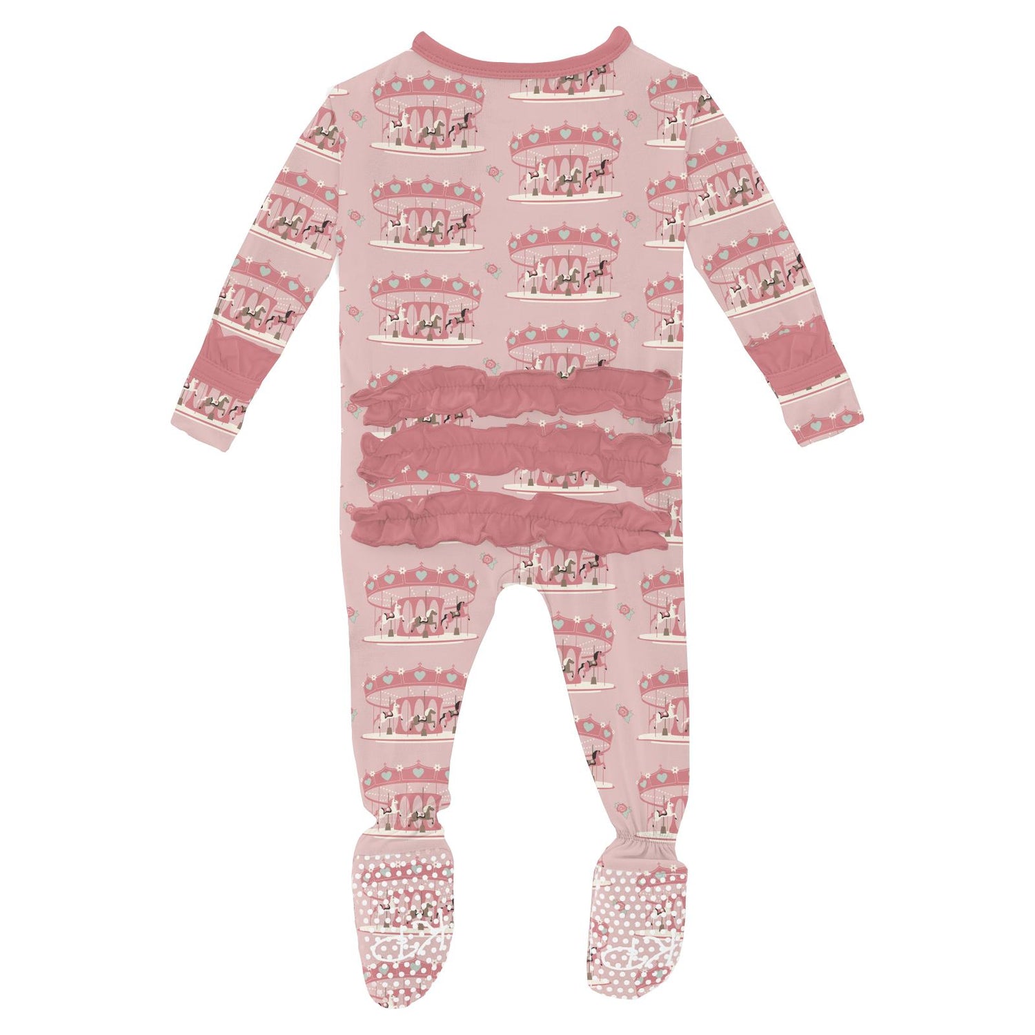 Print Layette Ruffle Footie with 2 Way Zipper in Baby Rose Fair Carousel (364254)