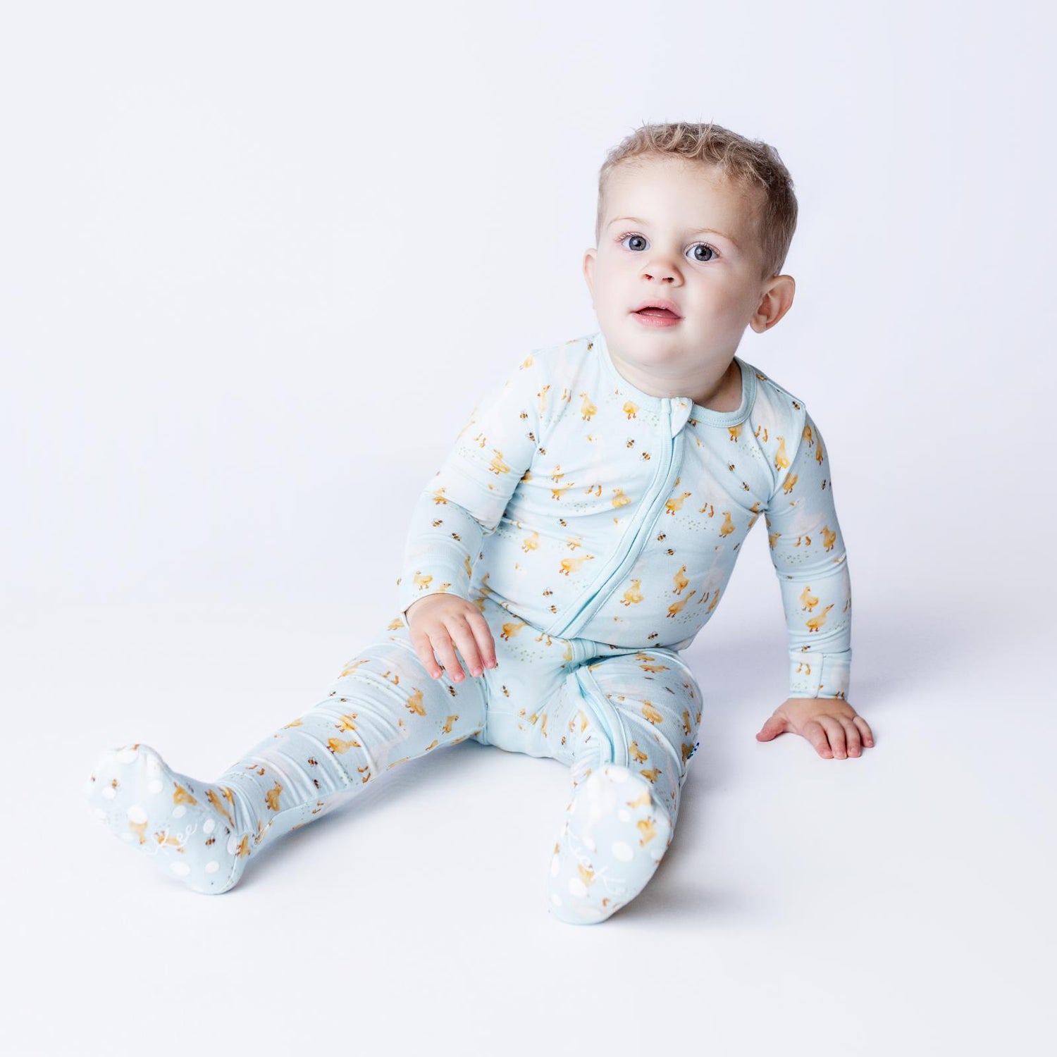 Print Footie with 2 Way Zipper in Spring Sky Feeding Ducks (364278)