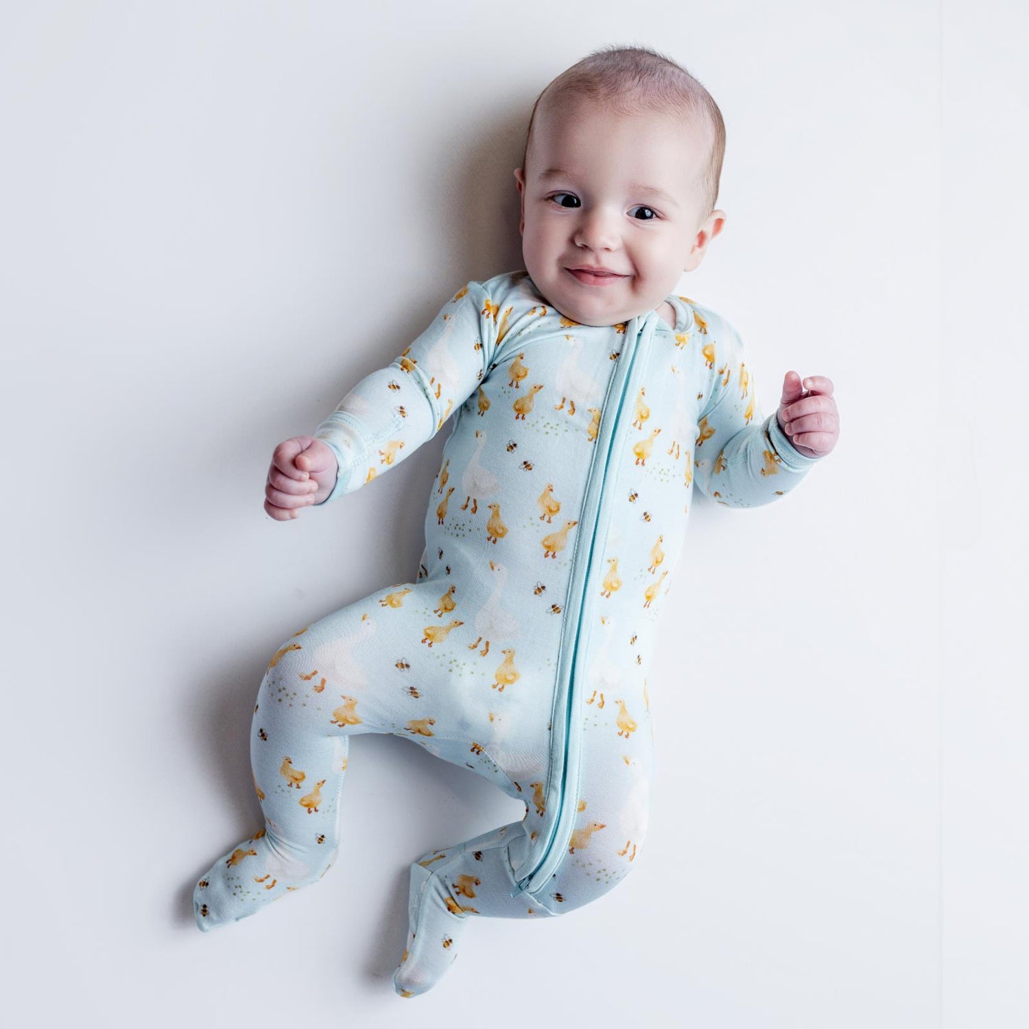 Print Footie with 2 Way Zipper in Spring Sky Feeding Ducks (364286)