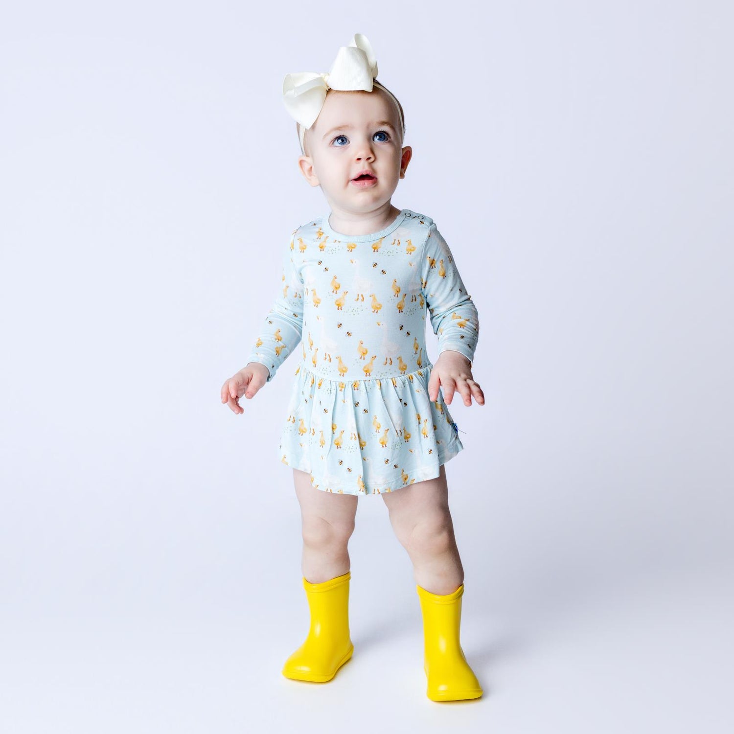 Print Long Sleeve Skirted One Piece in Spring Sky Feeding Ducks (364330)