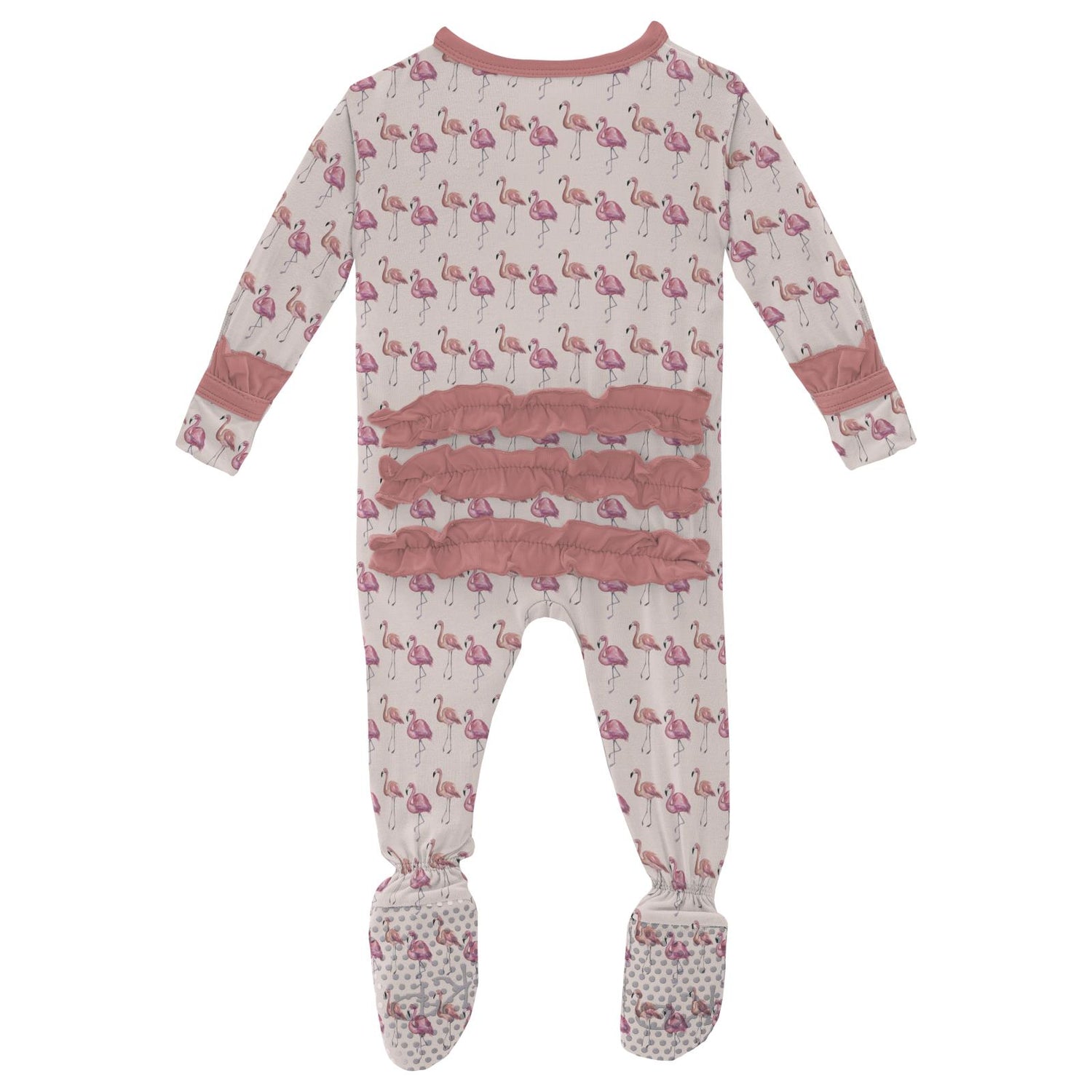 Print Layette Ruffle Footie with 2 Way Zipper in Shrinking Violet Flamingo (375163)