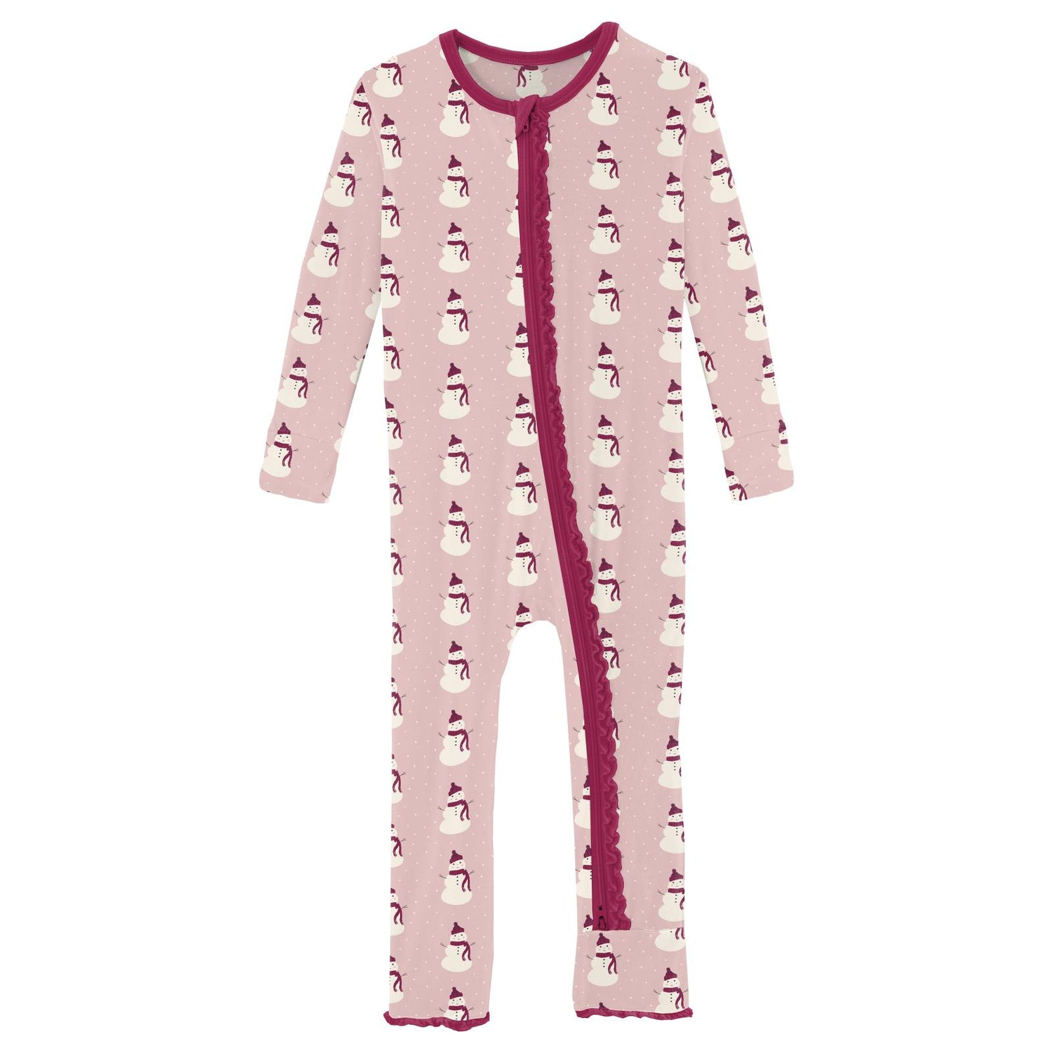 Print Muffin Ruffle Coverall with 2 Way Zipper in Baby Rose Tiny Snowman (259185)