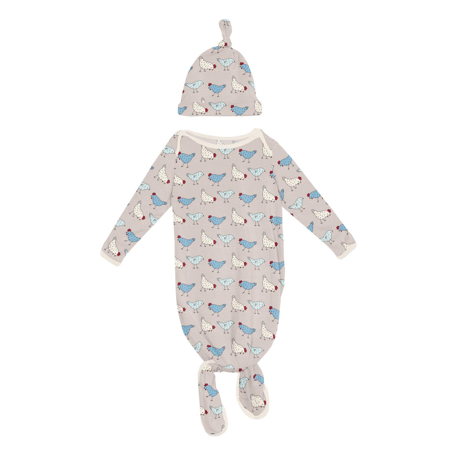 Print Knotted Layette Gown & Hat Set in Latte Chickens (317761)
