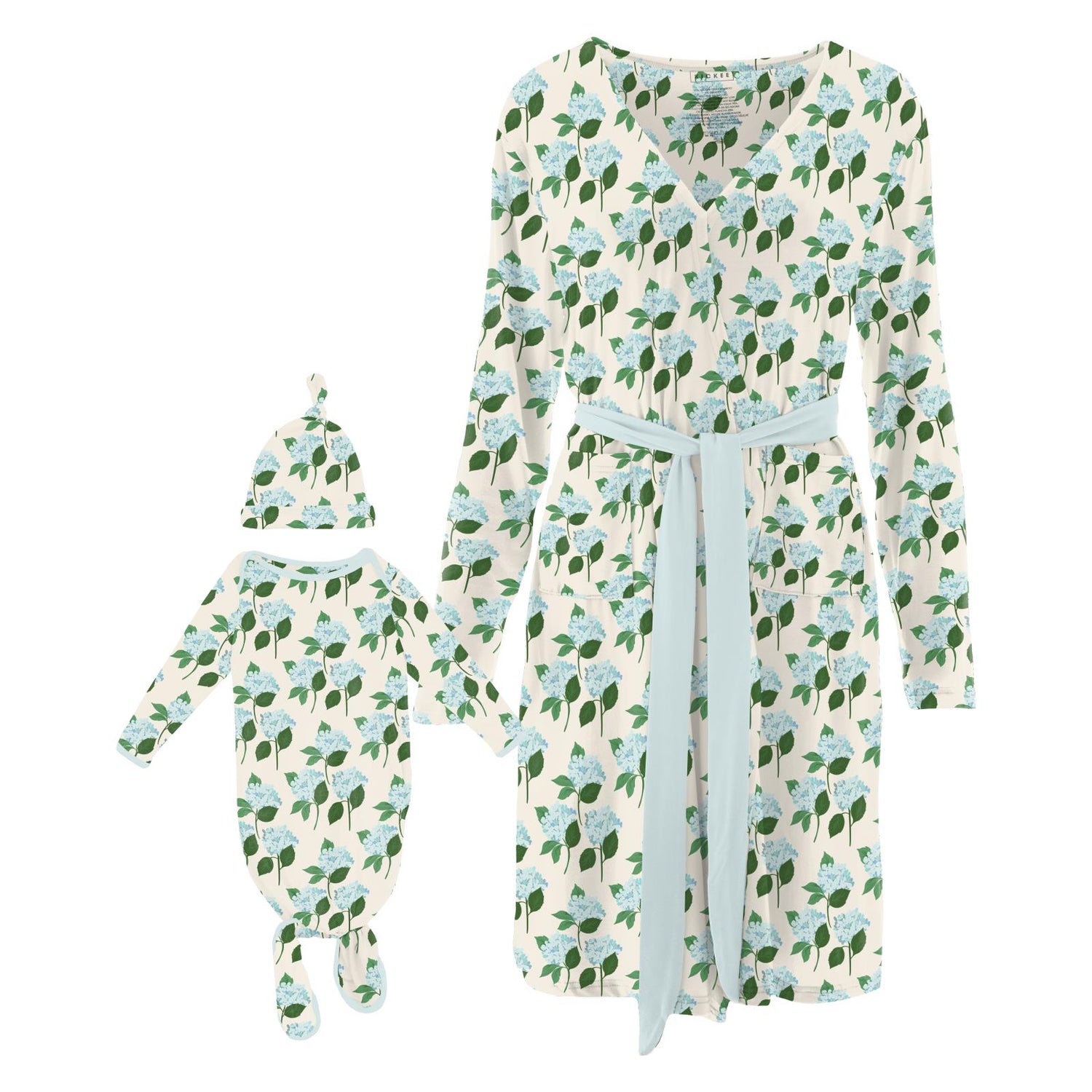 Women's Print Mid-Length Lounge Robe & Knotted Layette Gown Set in Hydrangea Bouquet