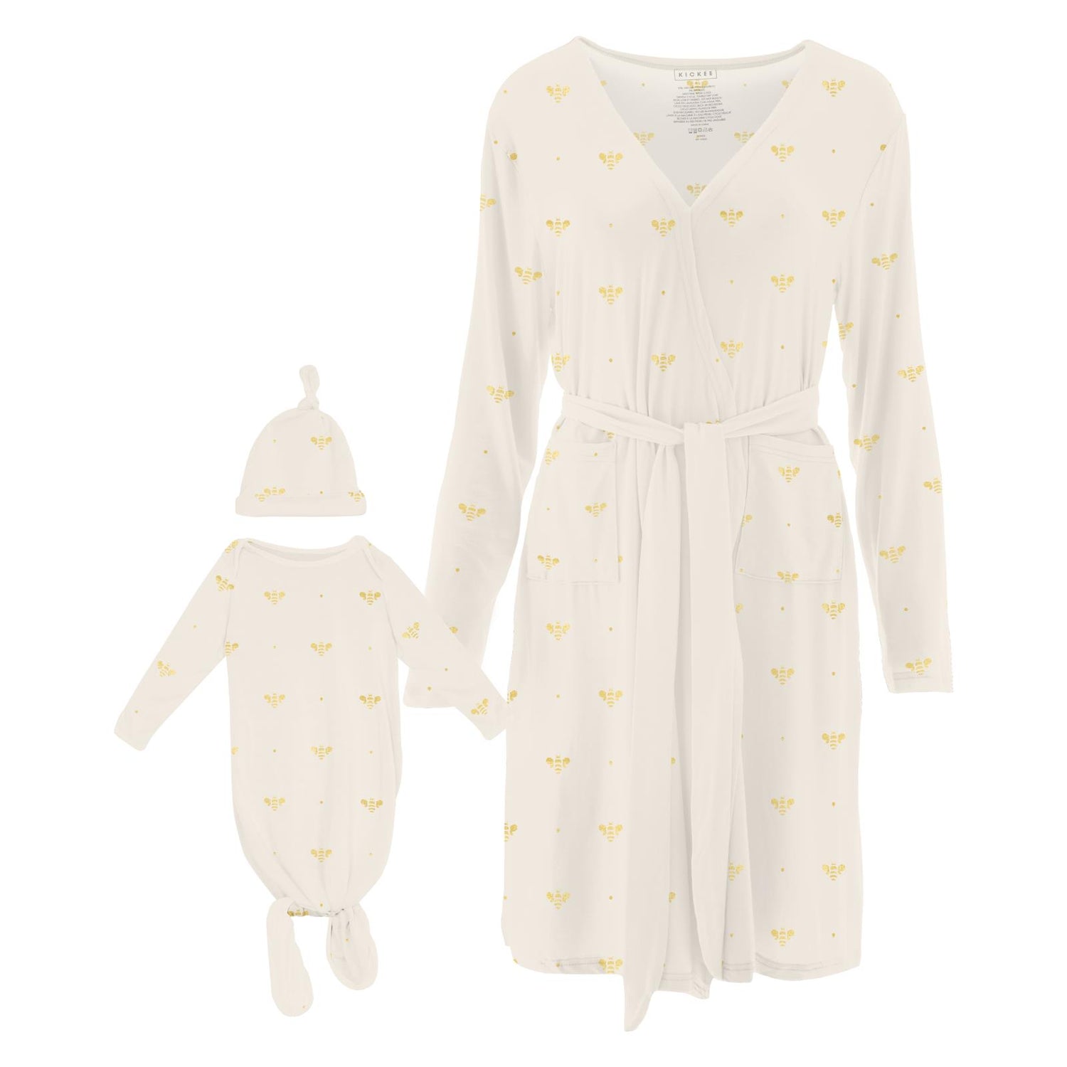 Women's Print Mid-Length Lounge Robe & Knotted Layette Gown Set in Gold Bees (317992)