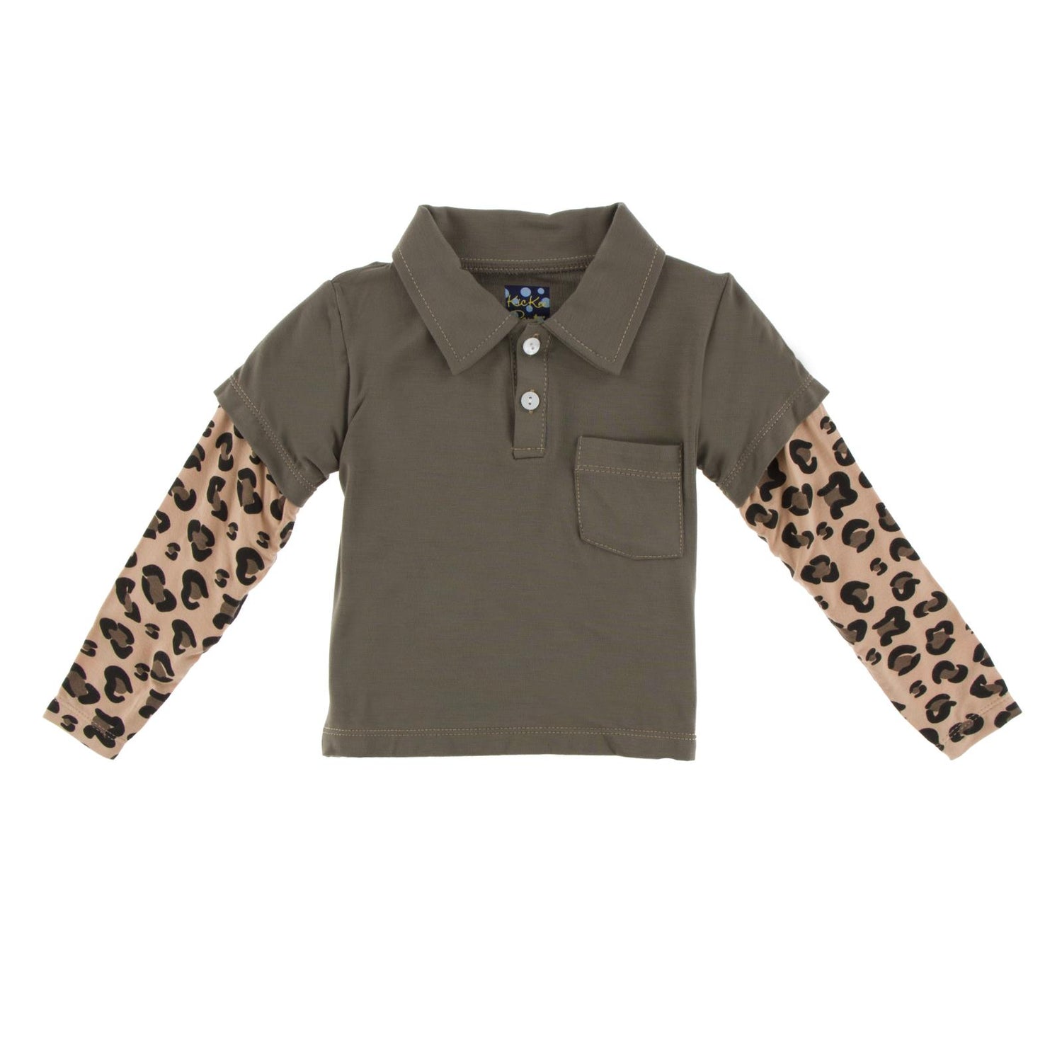 Print Long Sleeve Double Layer Polo in Falcon with Suede Cheetah Print (291096)