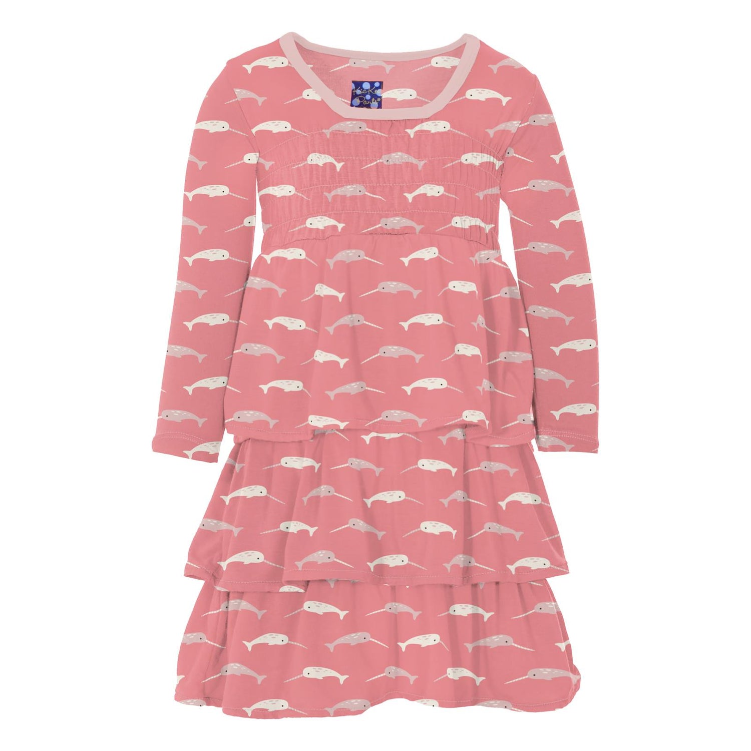 Print Long Sleeve Layered Ruffle Dress in Strawberry Narwhal
