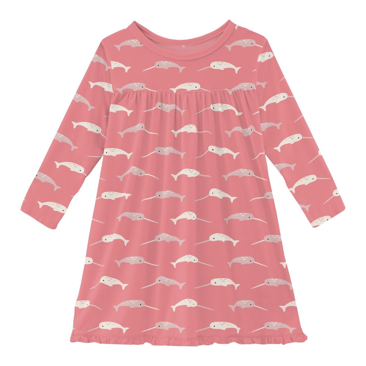 Print Classic Long Sleeve Swing Dress in Strawberry Narwhal