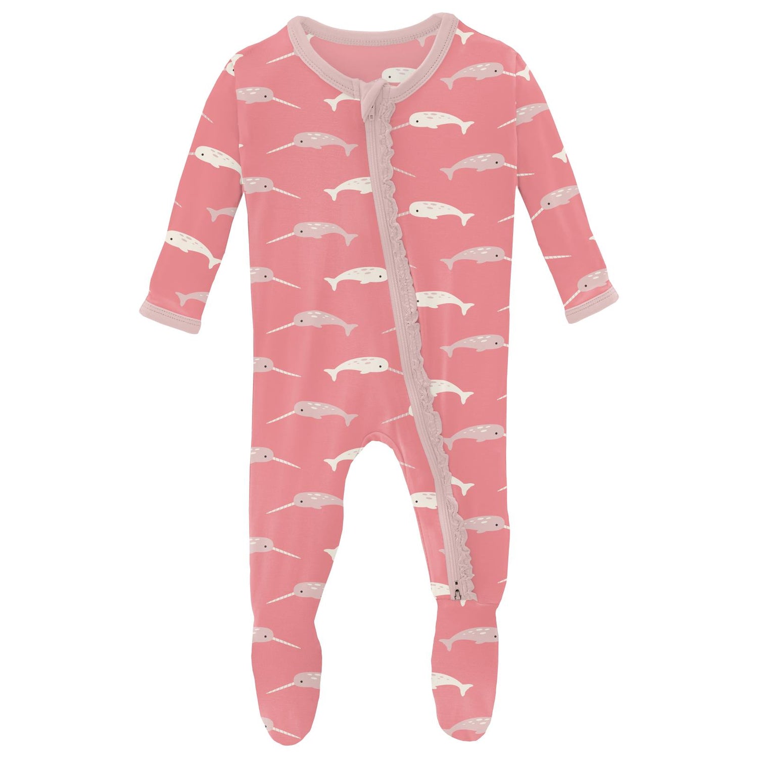 Print Muffin Ruffle Footie with 2 Way Zipper in Strawberry Narwhal