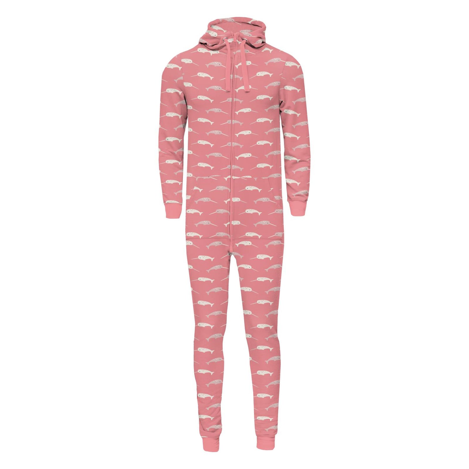 Print Adult Fleece Jumpsuit with Hood in Strawberry Narwhal