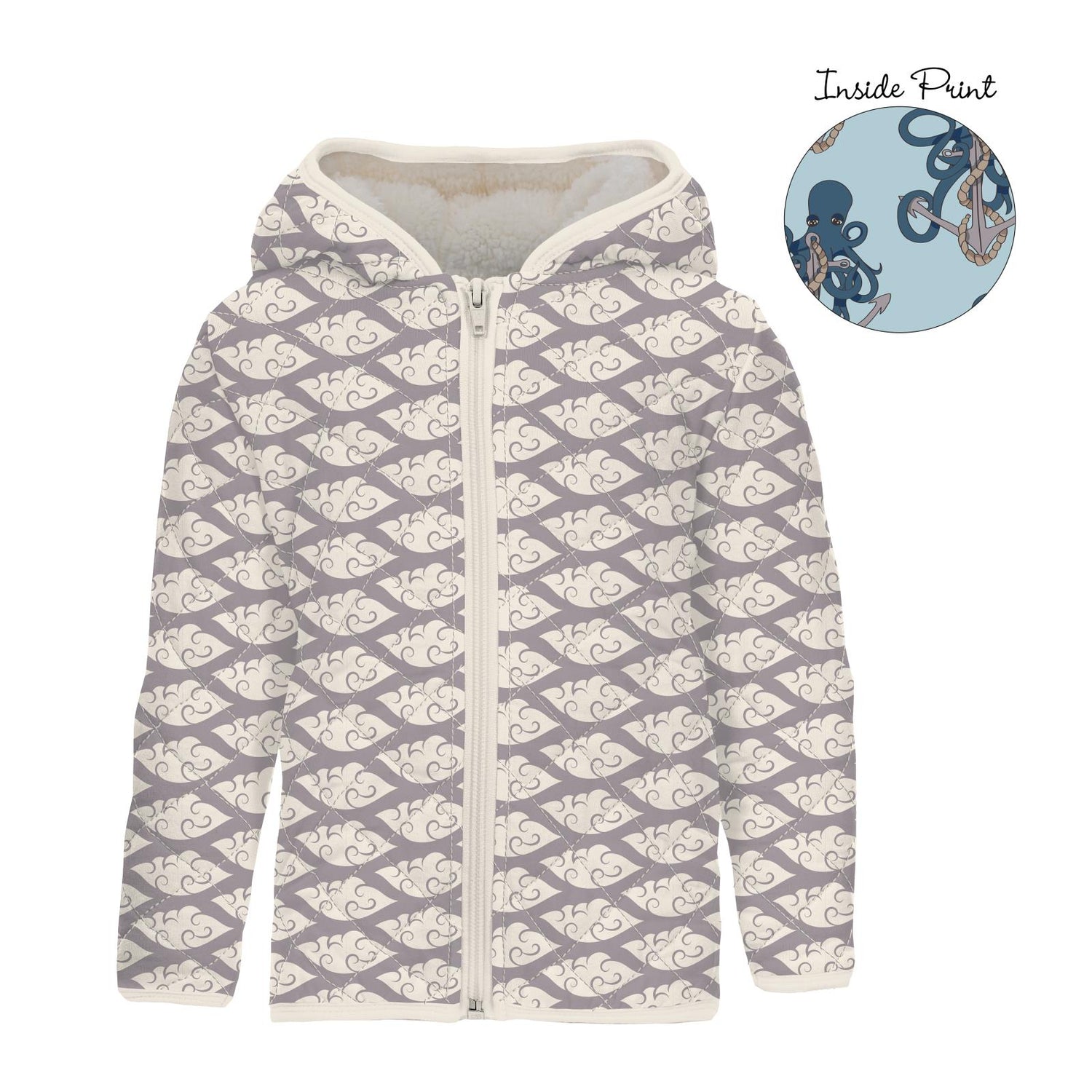 Print Quilted Jacket with Sherpa-Lined Hood in Feather Cloudy Sea/Spring Sky Octopus Anchor