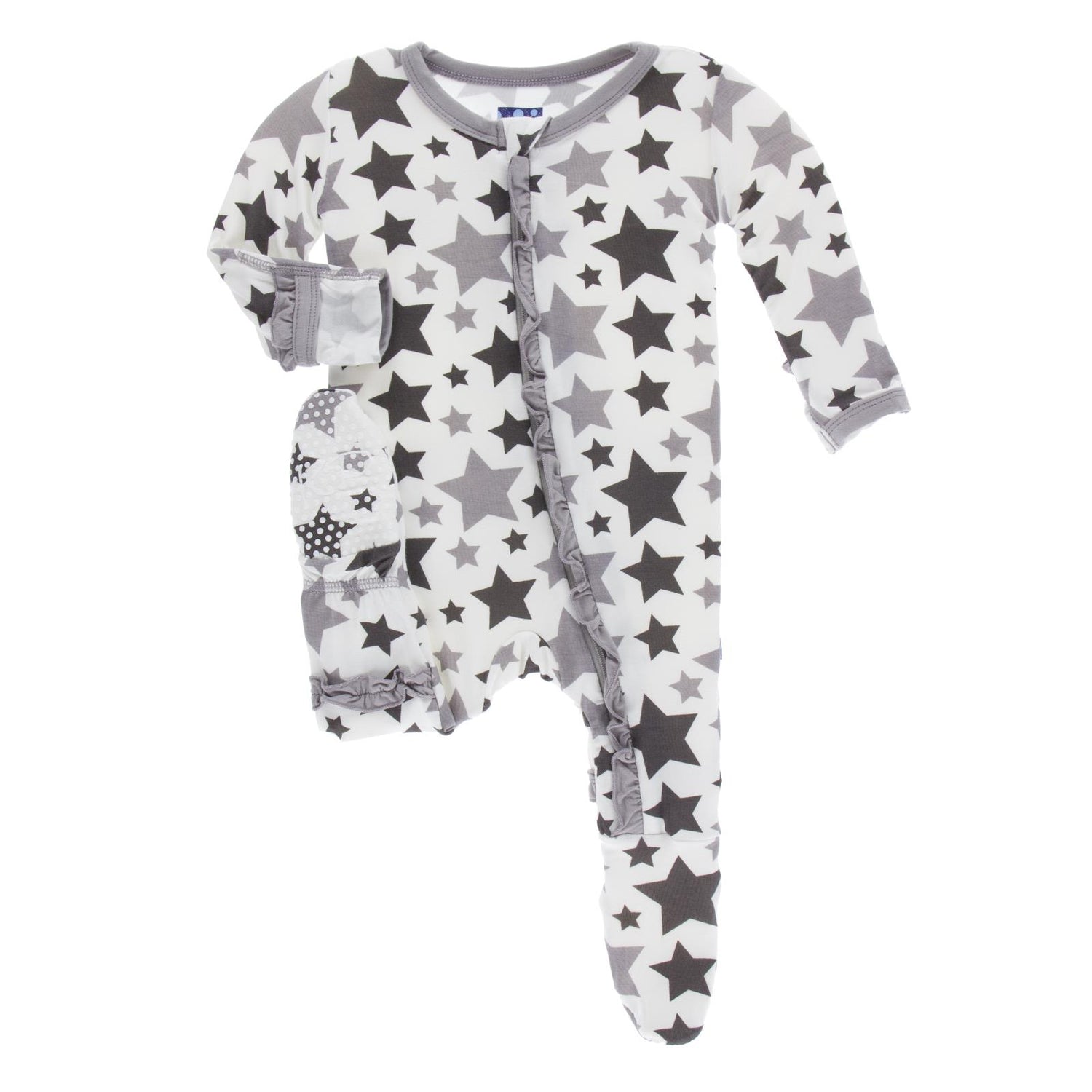 Print Classic Ruffle Footie with Zipper in Feather/Rain Stars