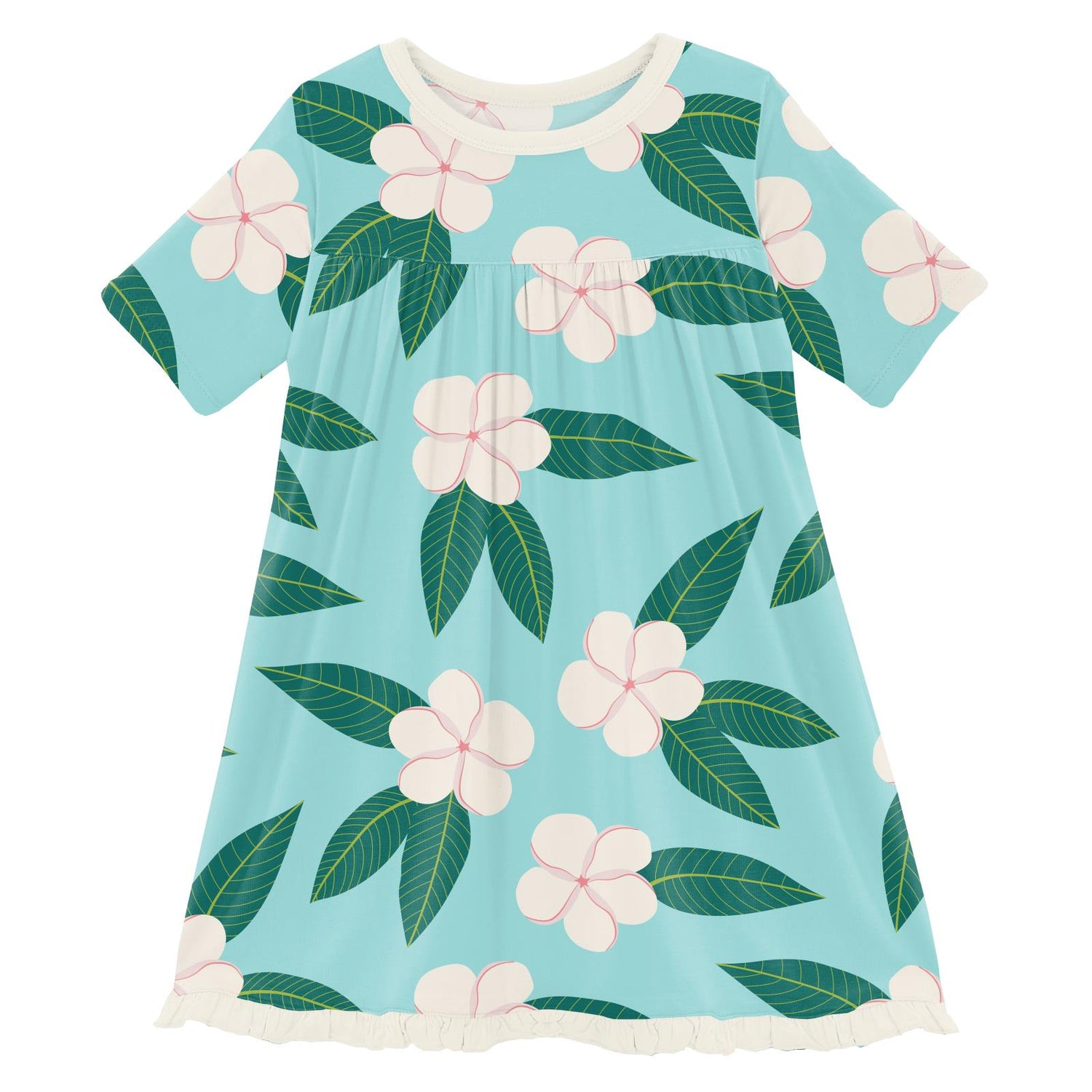 Print Classic Short Sleeve Swing Dress in Summer Sky Plumeria