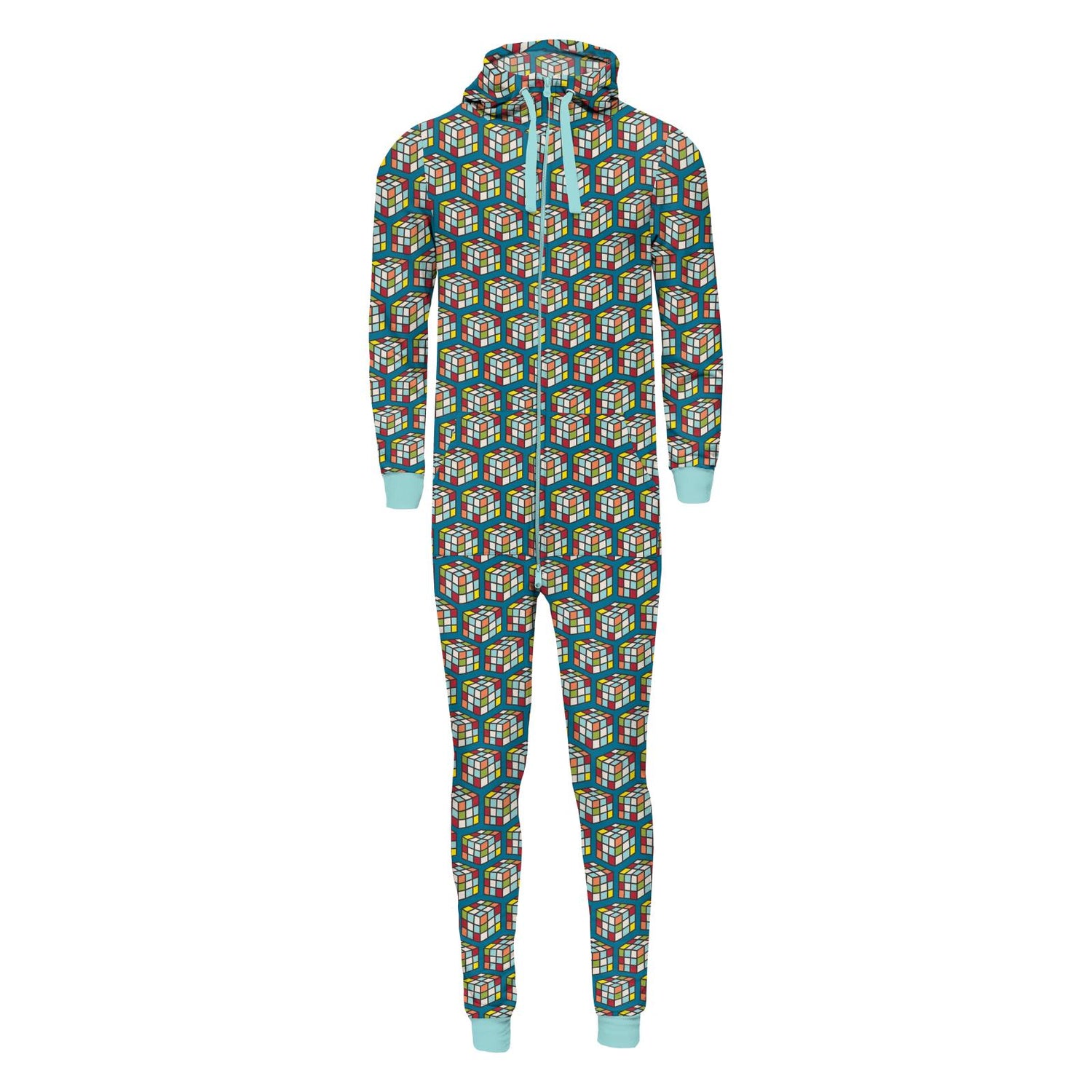 Print Adult Fleece Jumpsuit with Hood in Cerulean Blue Puzzle Cube
