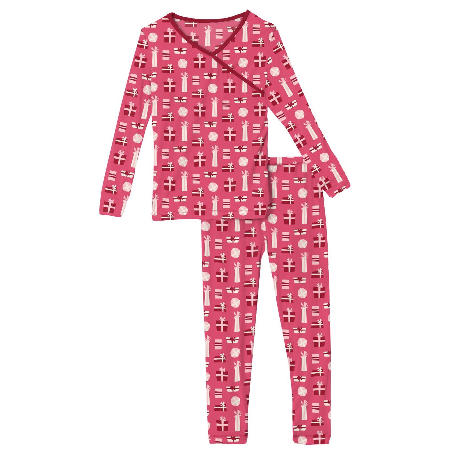 Print Long Sleeve Kimono Pajama Set in Winter Rose Presents