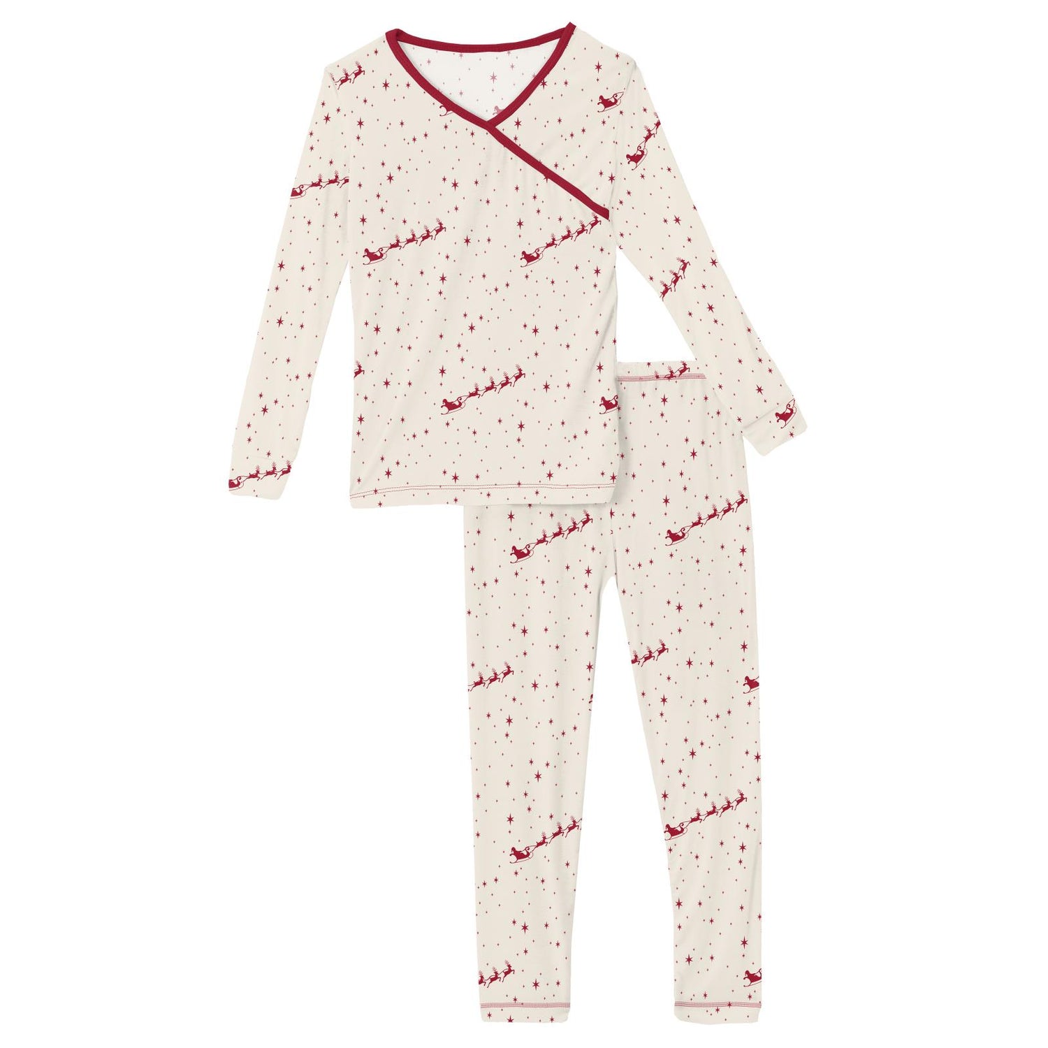 Print Long Sleeve Kimono Pajama Set in Natural Flying Santa