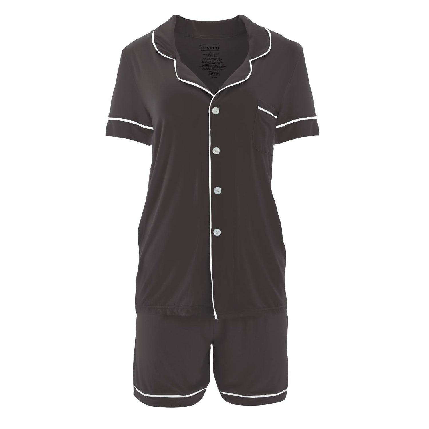 Women's Solid Short Sleeve Collared Pajama Set with Shorts in Midnight with Natural