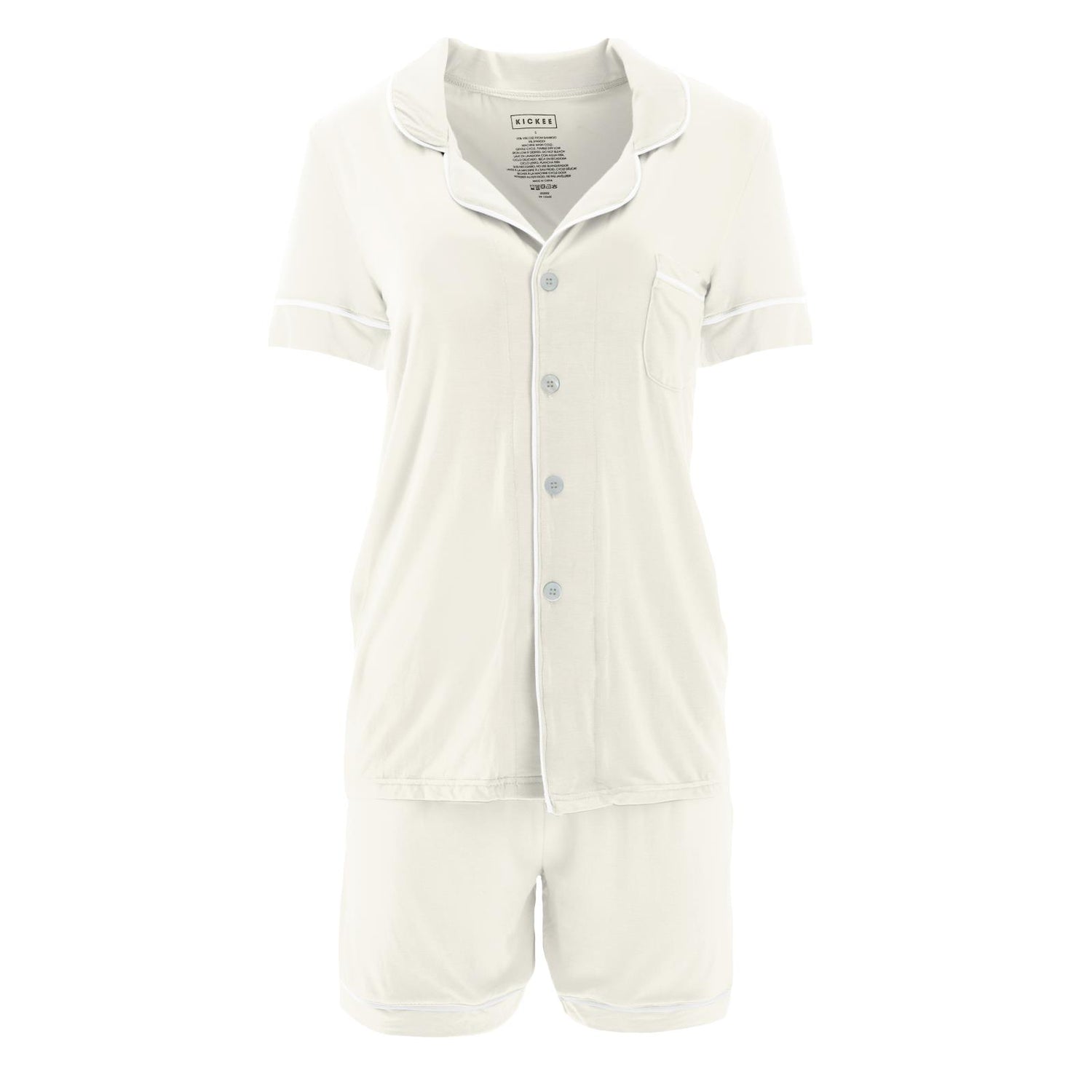 Women's Short Sleeve Collared Pajama Set with Shorts in Natural