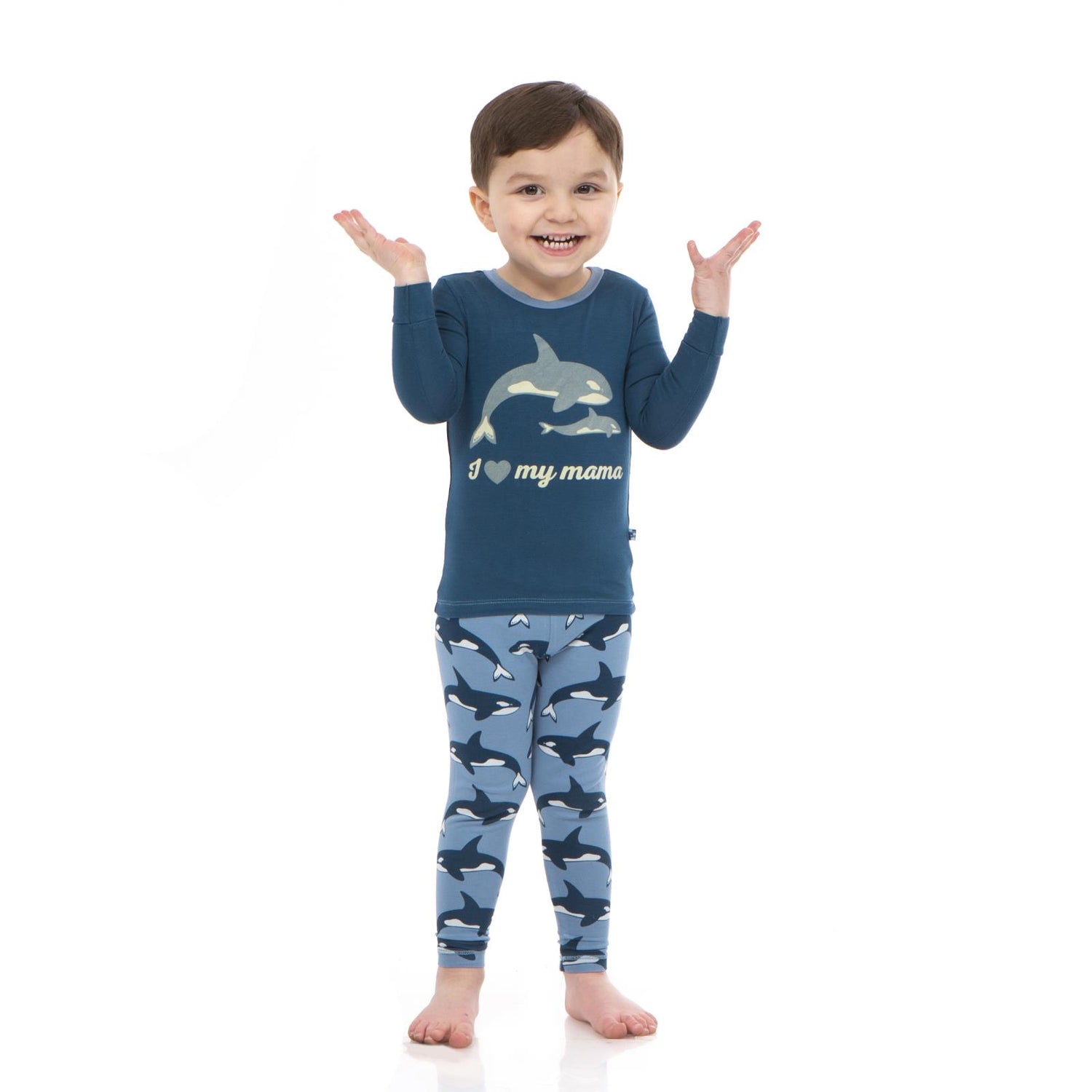 Long Sleeve Graphic Tee Pajama Set in Parisian Blue Orca