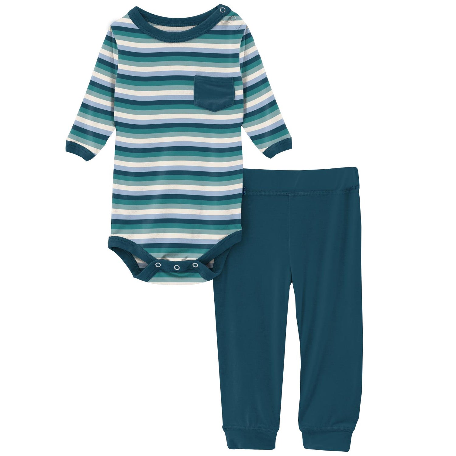 Print Long Sleeve Pocket One Piece and Pant Outfit Set in Dino Stripe