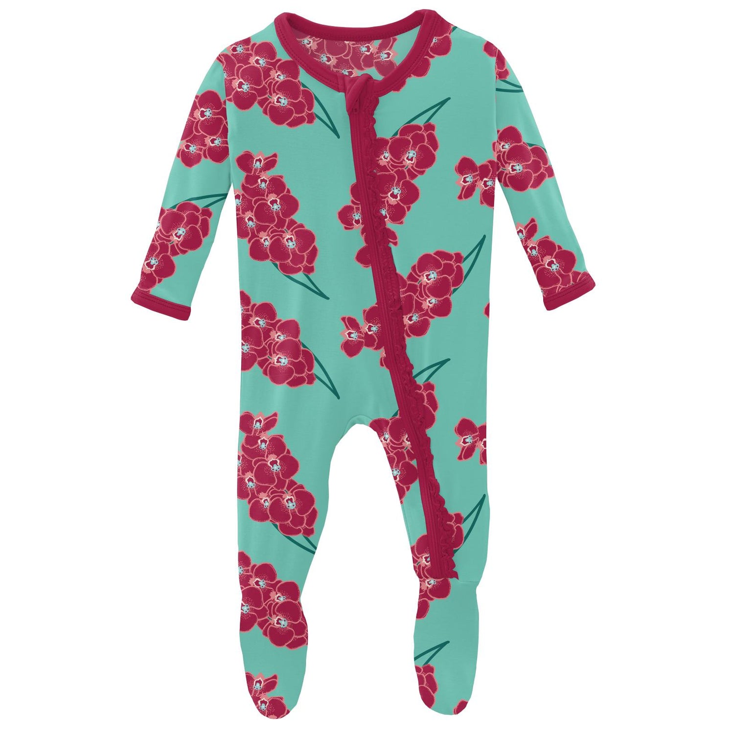 Print Muffin Ruffle Footie with Zipper in Glass Orchids