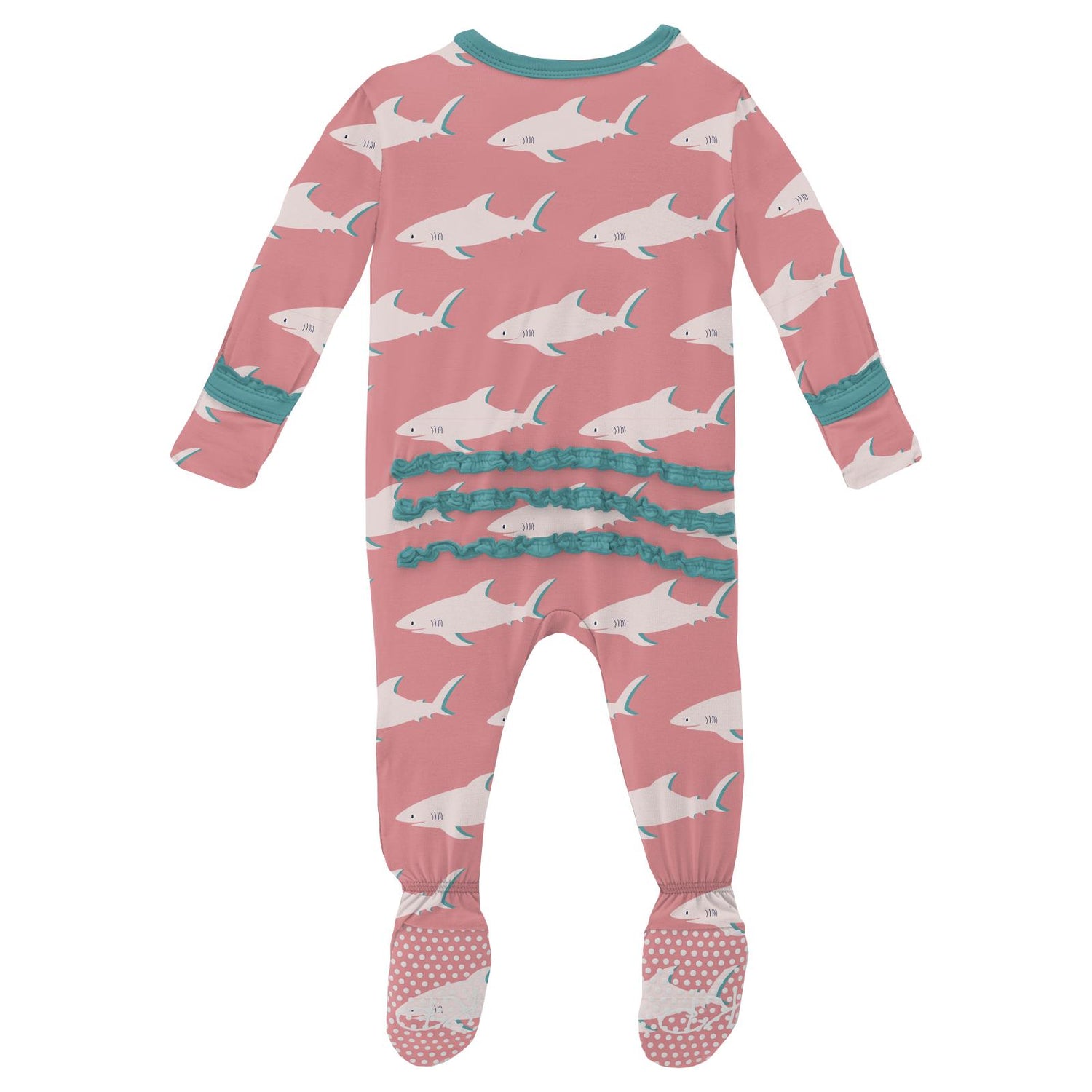 Print Muffin Ruffle Footie with Zipper in Strawberry Sharky