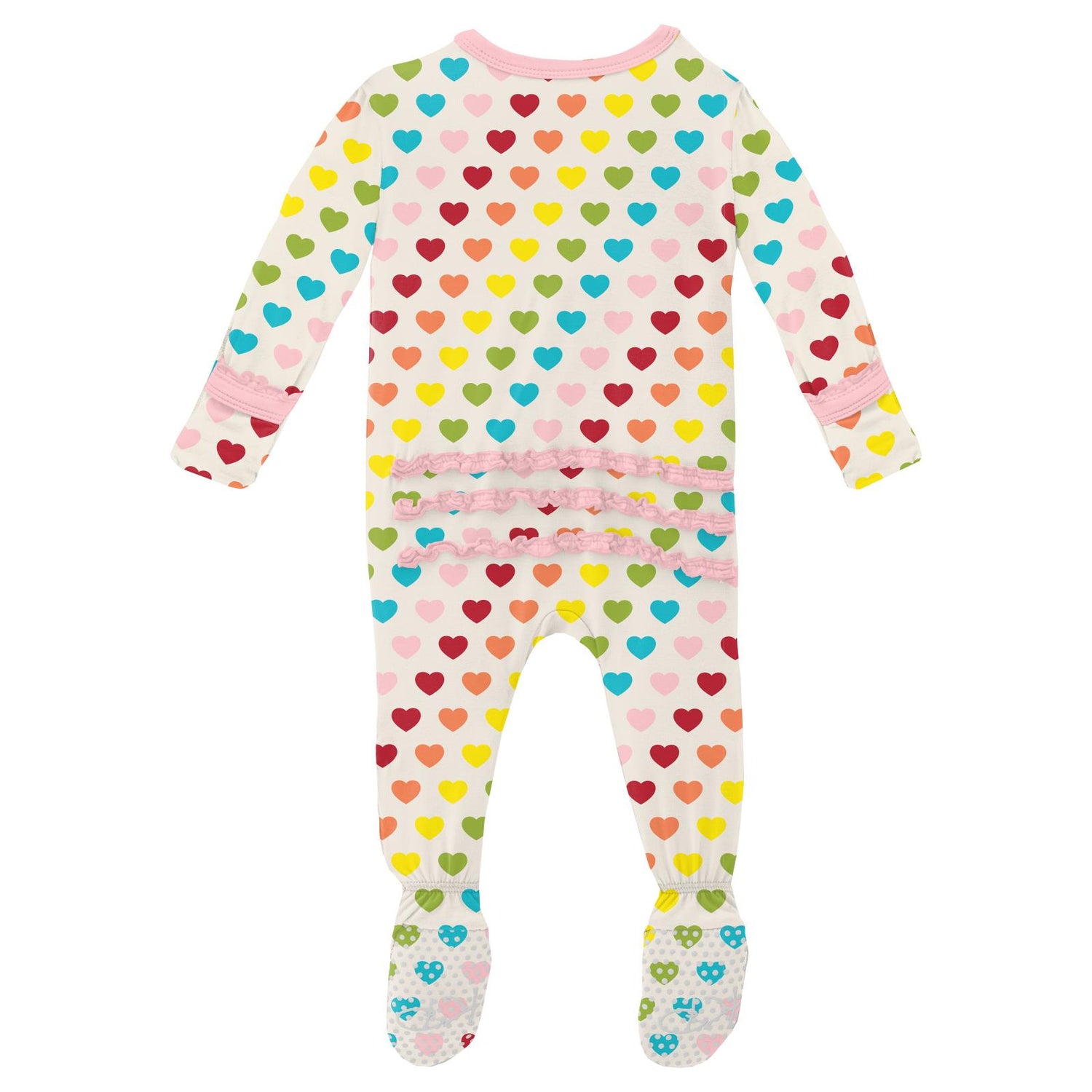 Print Muffin Ruffle Footie with Snaps in Rainbow Hearts