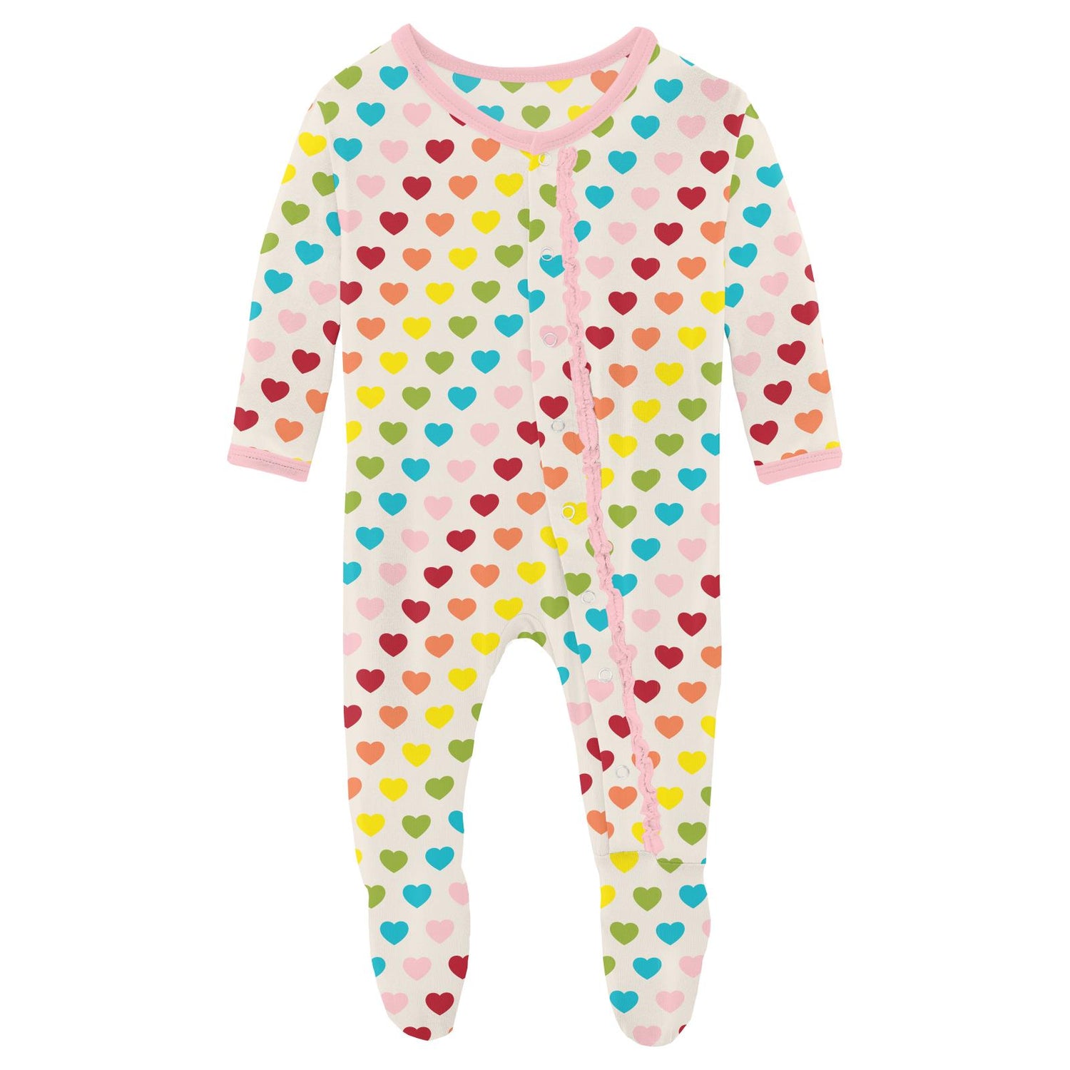 Print Muffin Ruffle Footie with Snaps in Rainbow Hearts