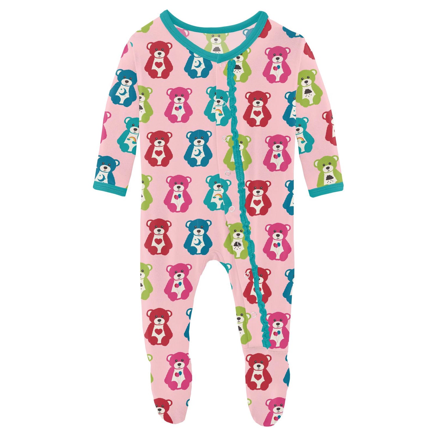 Print Muffin Ruffle Footie with Snaps in Lotus Happy Teddy