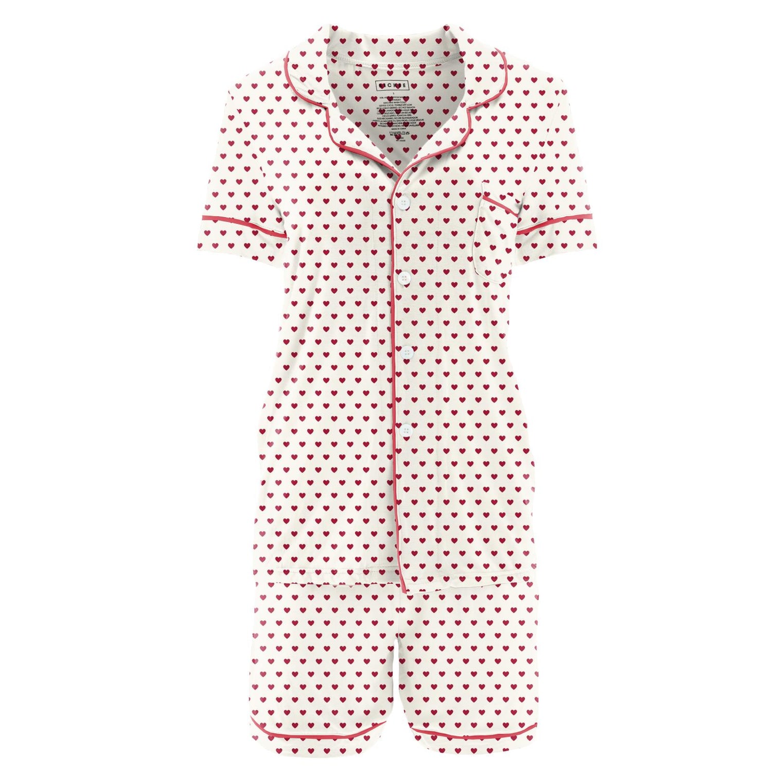 Women's Print Short Sleeve Collared Pajama Set with Shorts in Natural Hearts