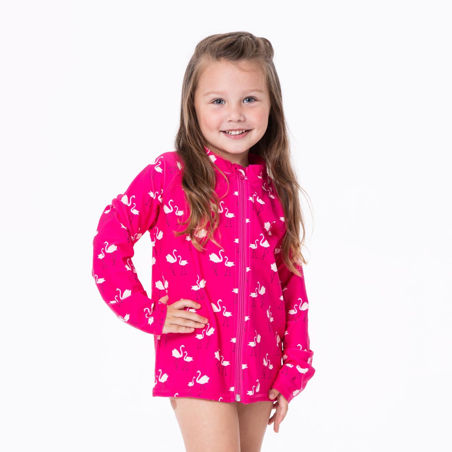 Print Long Sleeve Zip-Front Swim and Sun Cover Up in Calypso Flamingos