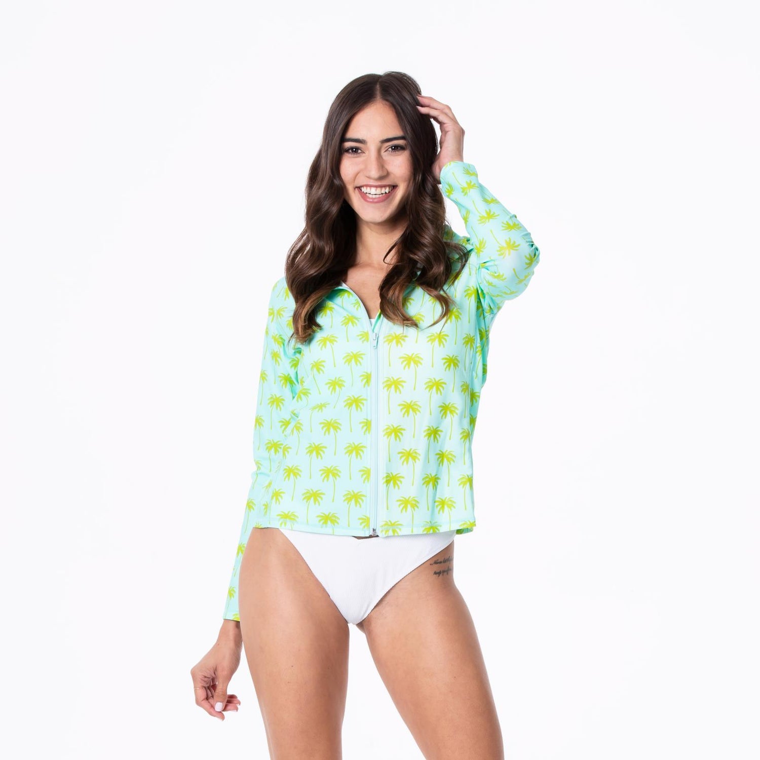 Women's Print Long Sleeve Swim and Sun Cover Up in Summer Sky Palm Trees