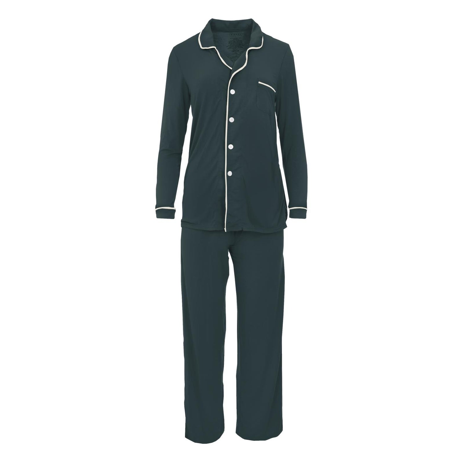 Women's Long Sleeve Collared Pajama Set in Pine with Natural