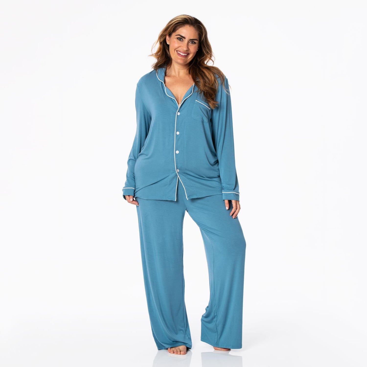 Women's Long Sleeve Collared Pajama Set in Parisian Blue with Natural