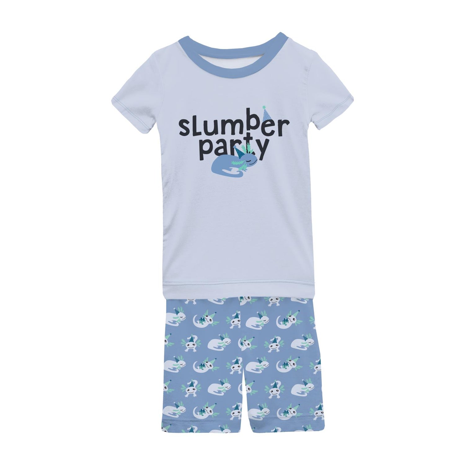 Short Sleeve Graphic Tee Pajama Set with Shorts in Dream Blue Axolotl Party