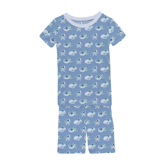 Print Short Sleeve Pajama Set with Shorts in Dream Blue Axolotl Party