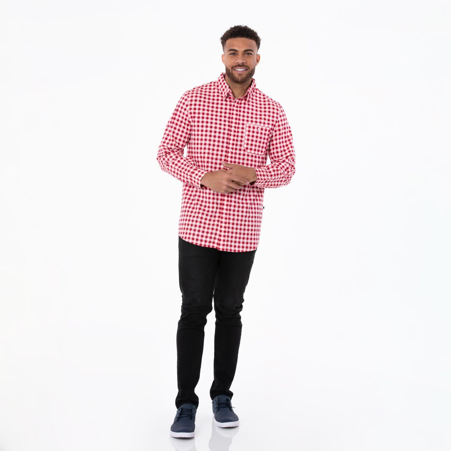 Men's Print Long Sleeve Woven Button-Down Shirt in Wild Strawberry Gingham