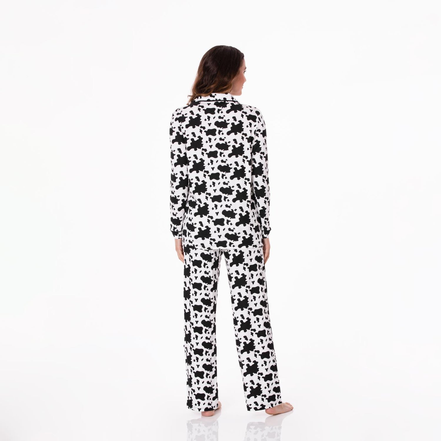Women's Print Long Sleeve Collared Pajama Set in Cow Print