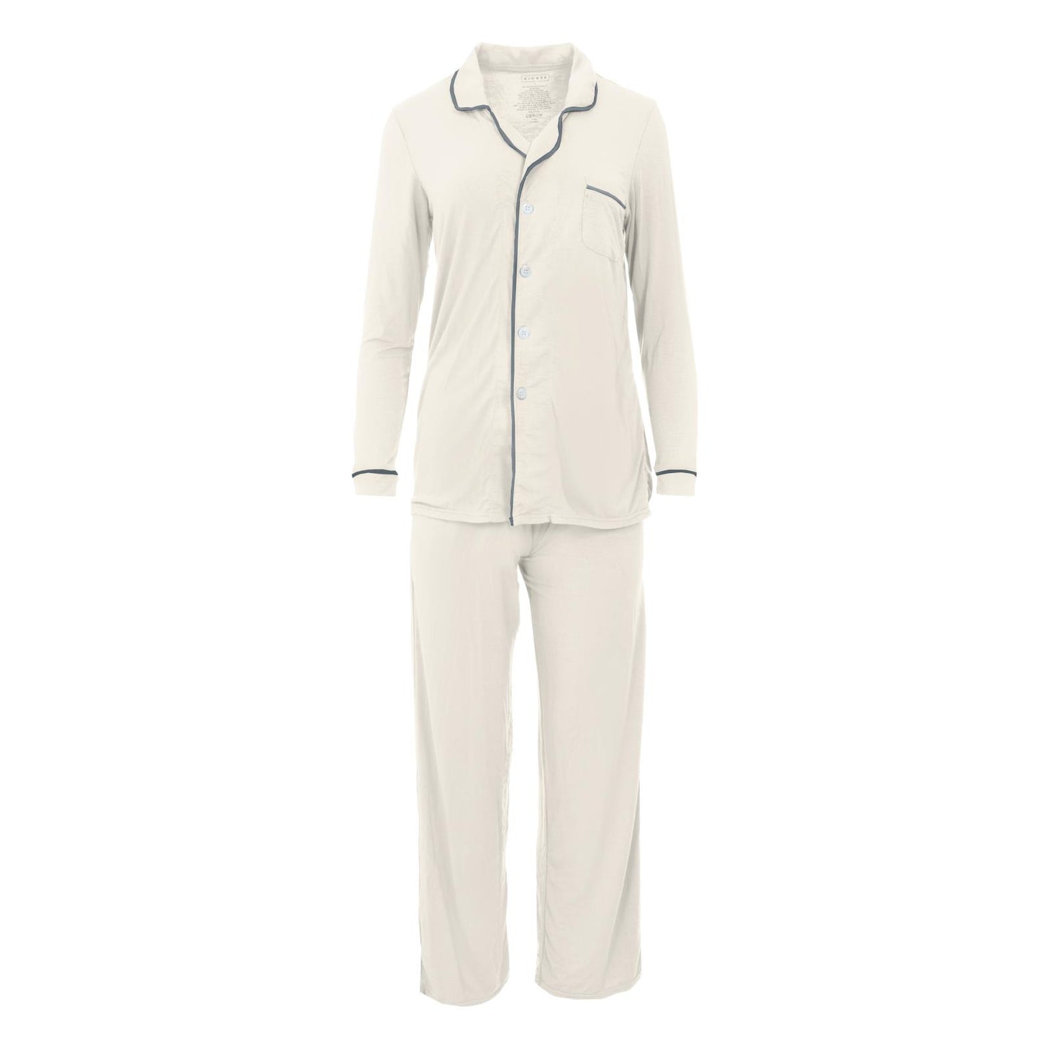 Women's Solid Long Sleeved Collared Pajama Set in Natural with Slate