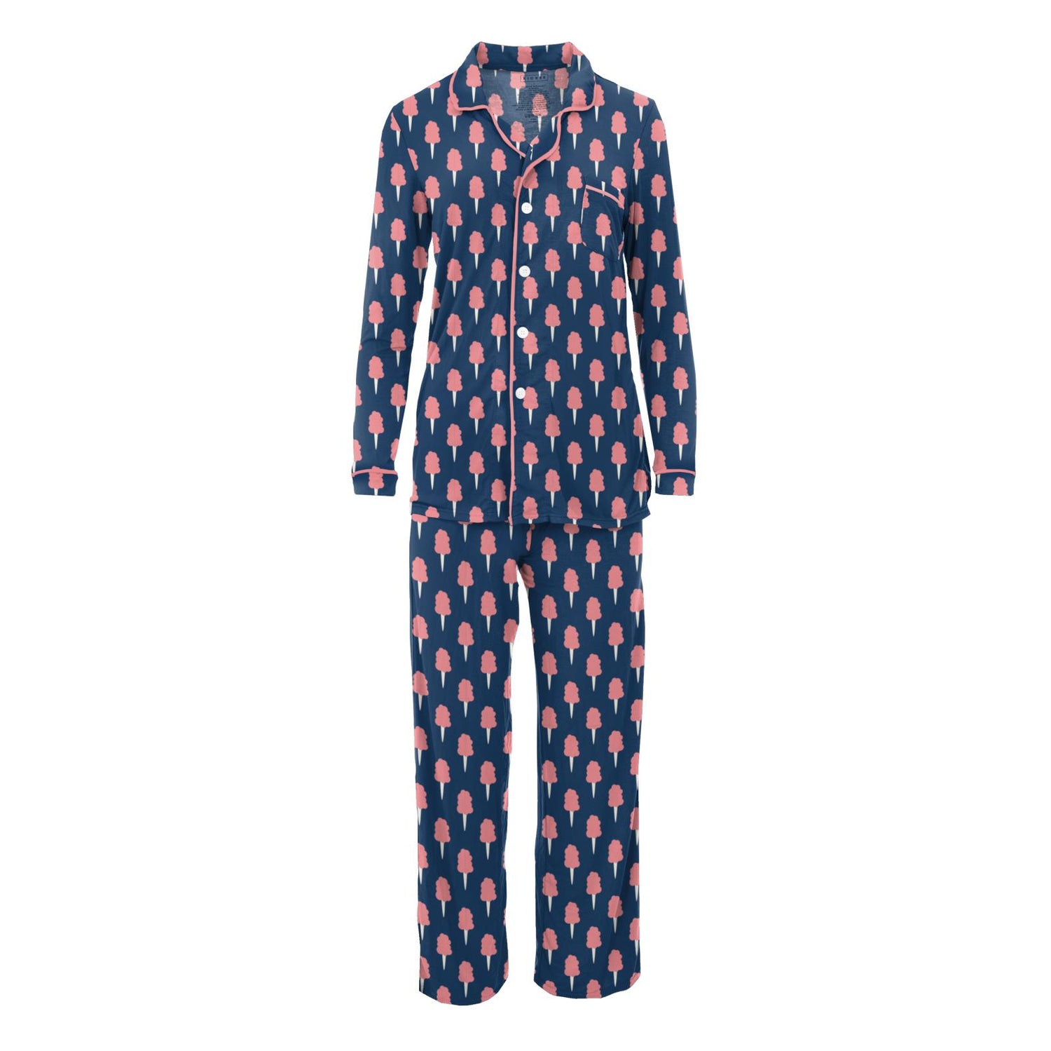 Women's Print Long Sleeve Collared Pajama Set in Navy Cotton Candy