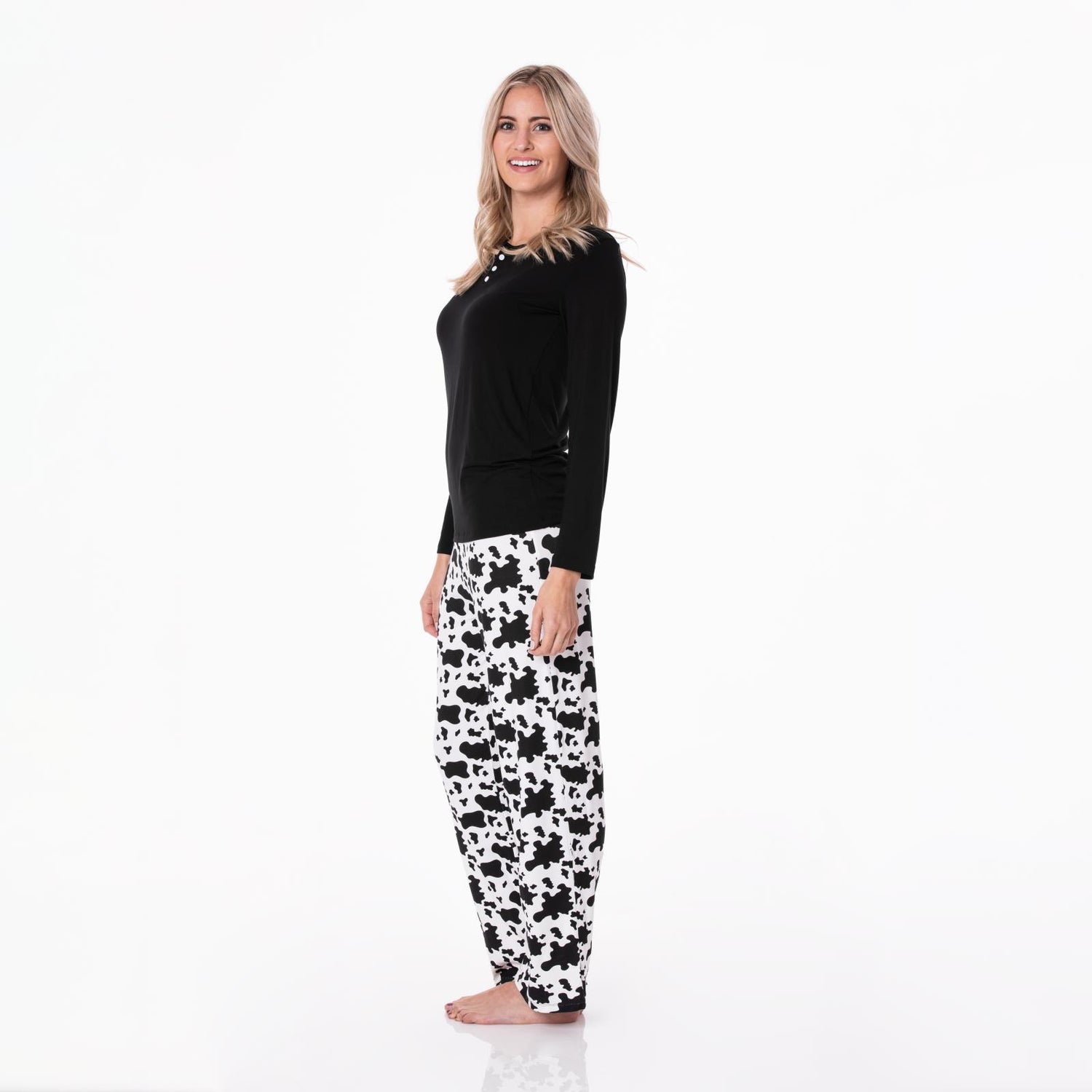Women's Print Long Sleeve Henley Tee & PJ Pant Set in Cow Print