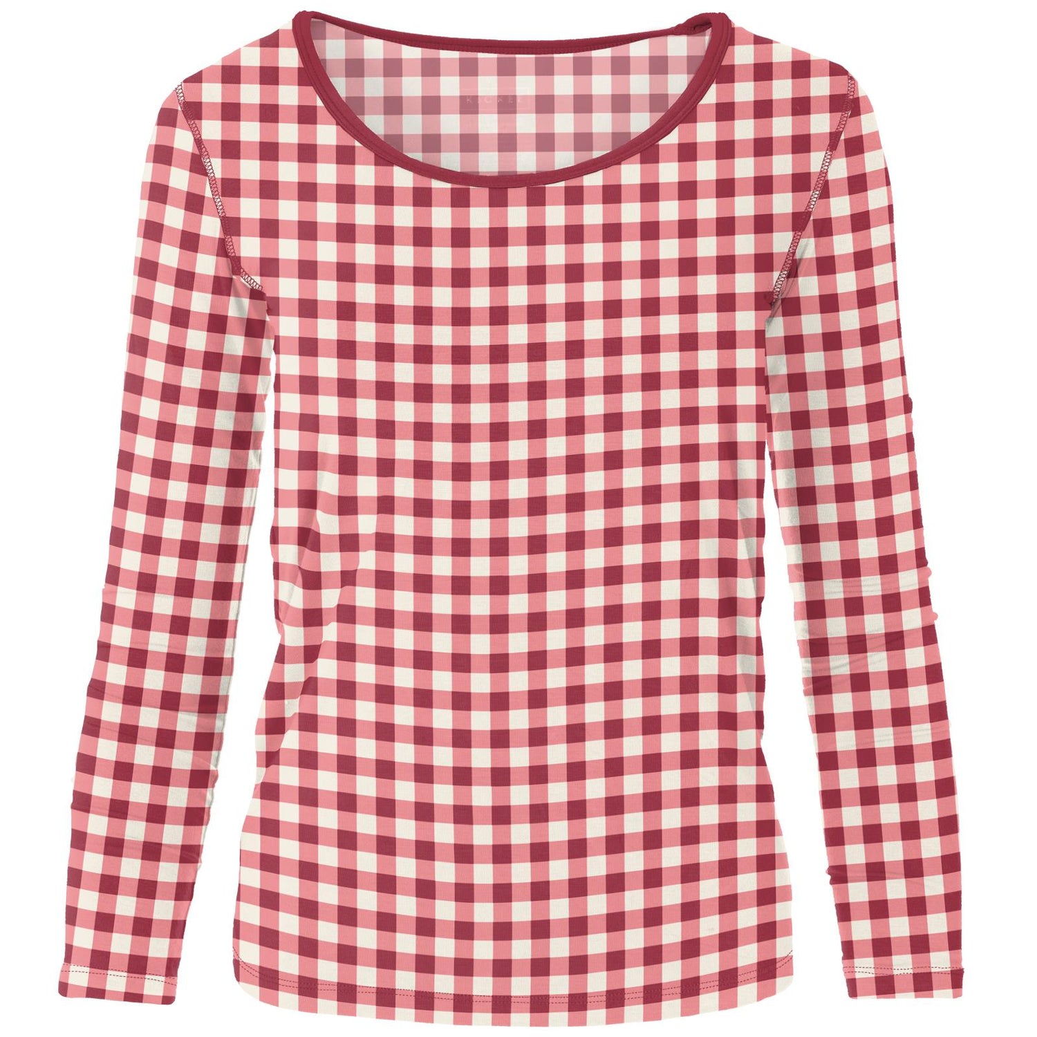 Women's Print Long Sleeve Scoop Neck Tee in Wild Strawberry Gingham