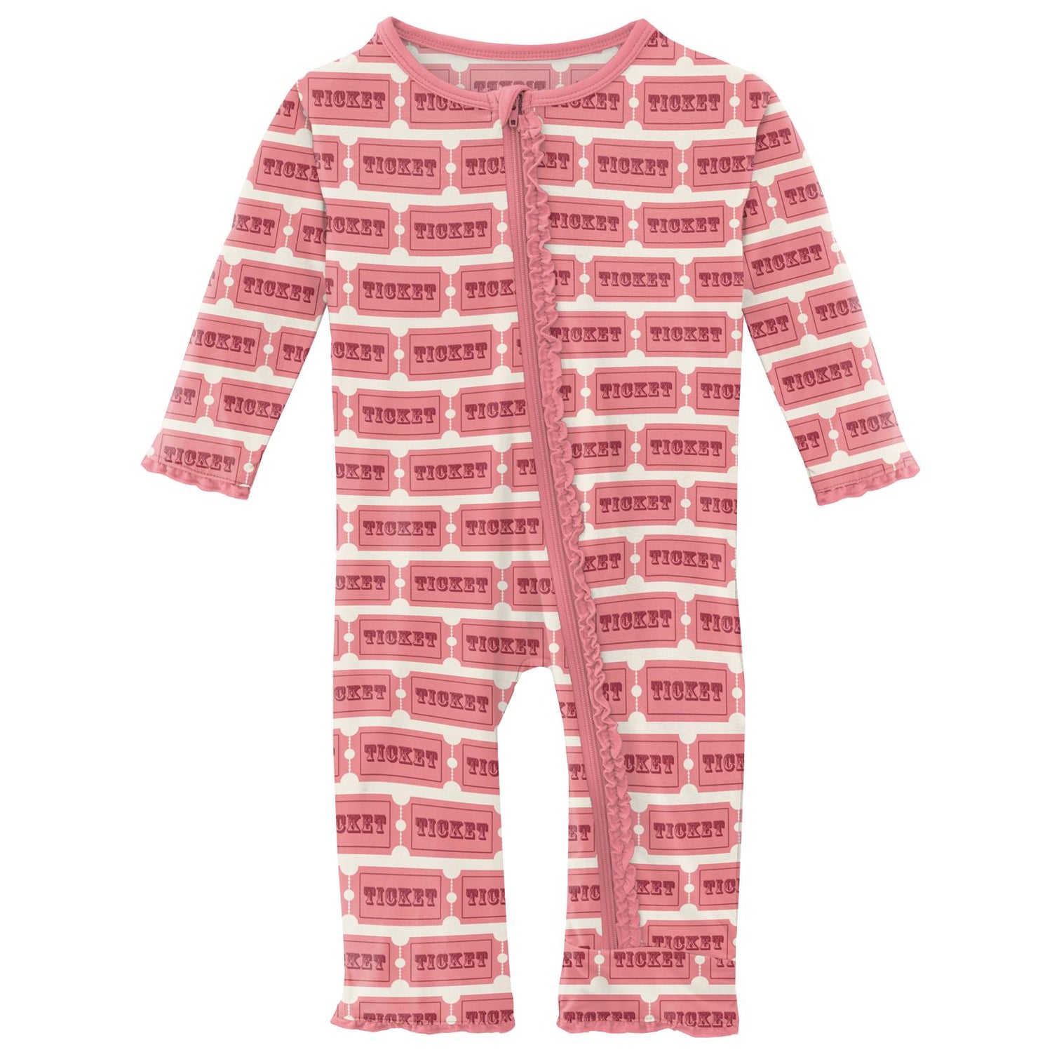 Print Muffin Ruffle Coverall with Zipper in Natural Game Tickets
