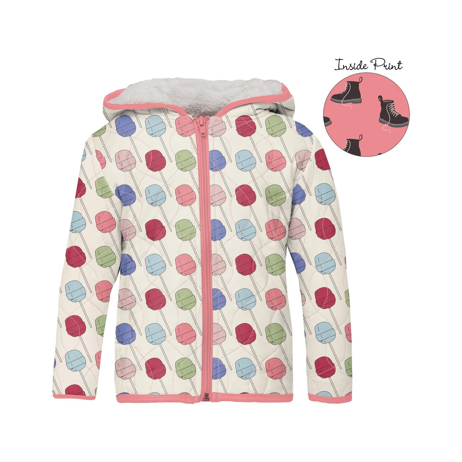 Print Quilted Jacket with Sherpa-Lined Hood in Lula's Lollipops/Strawberry Boots